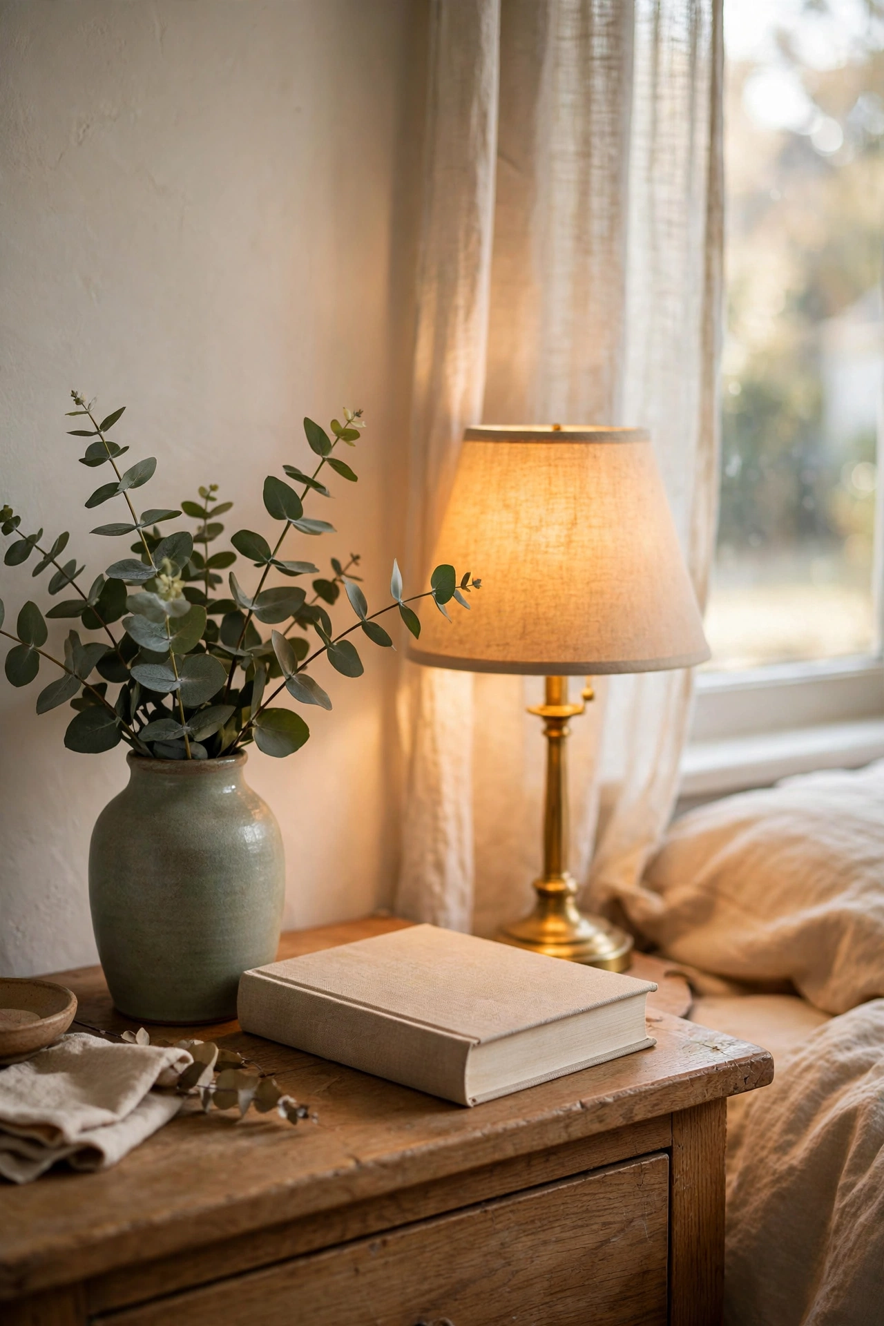 Eucalyptus bunch in a sage ceramic vase on a bedroom nightstand
