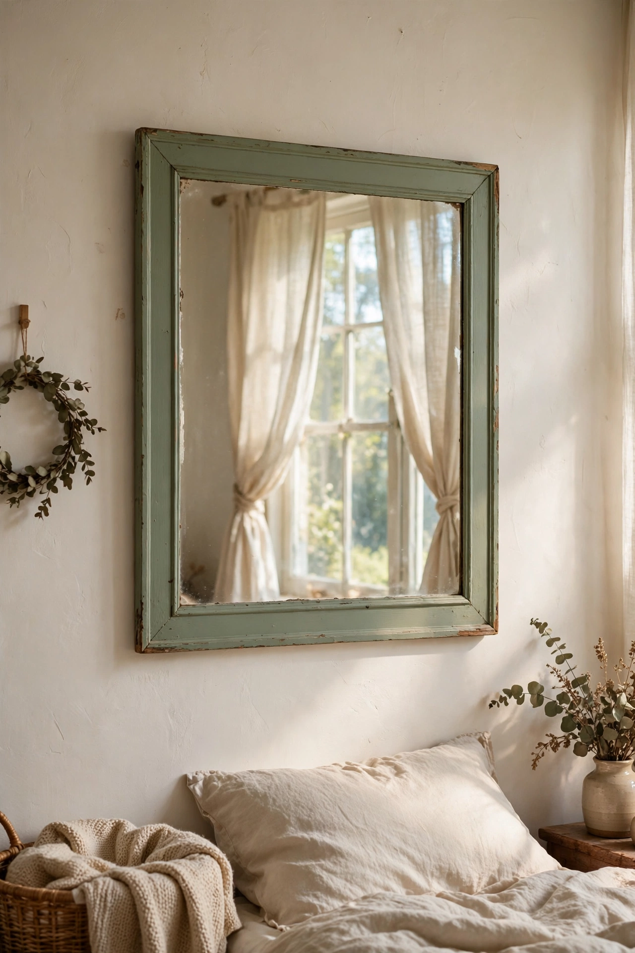 Rectangular mirror with a sage green painted frame reflecting a bedroom window