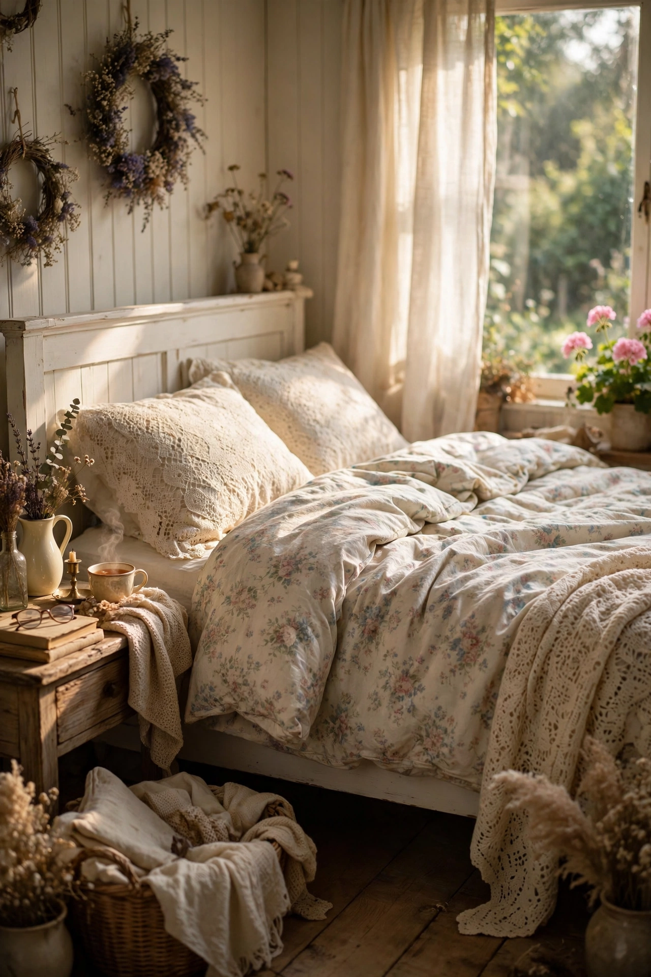 Bed with a faded floral duvet cover in a cottagecore bedroom