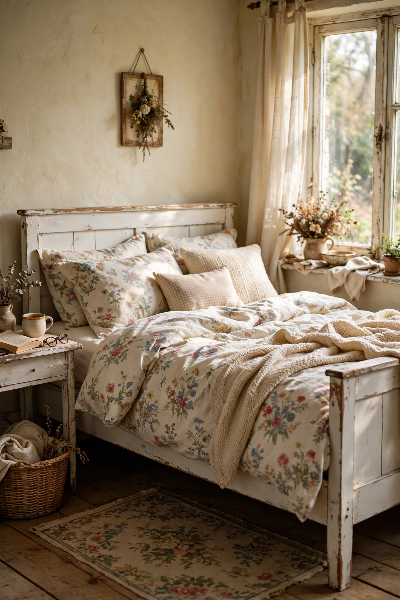 Distressed white wooden bed frame with sanded edges in a cottage bedroom