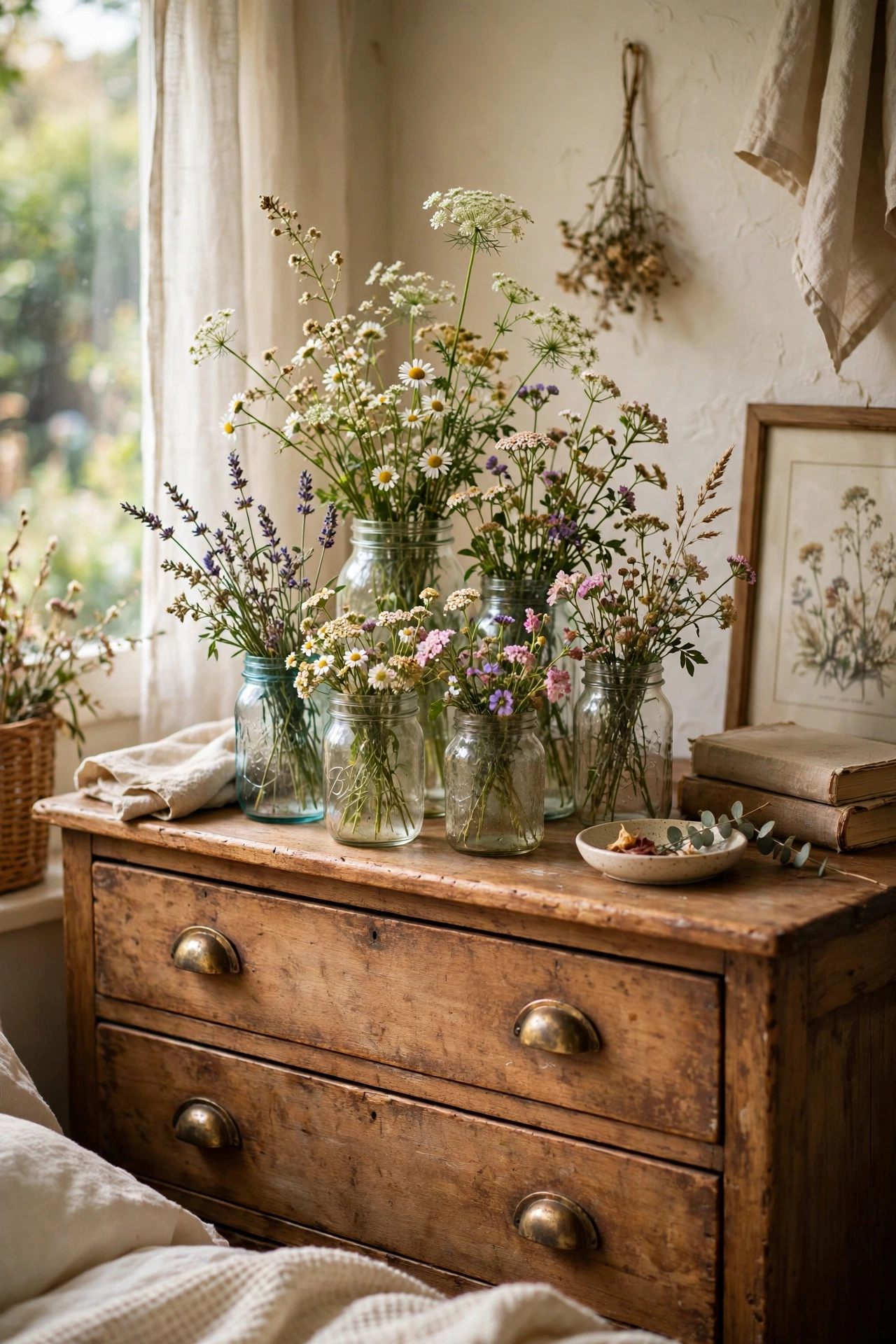 Cluster of mason jars with wildflowers on a cottage dresser