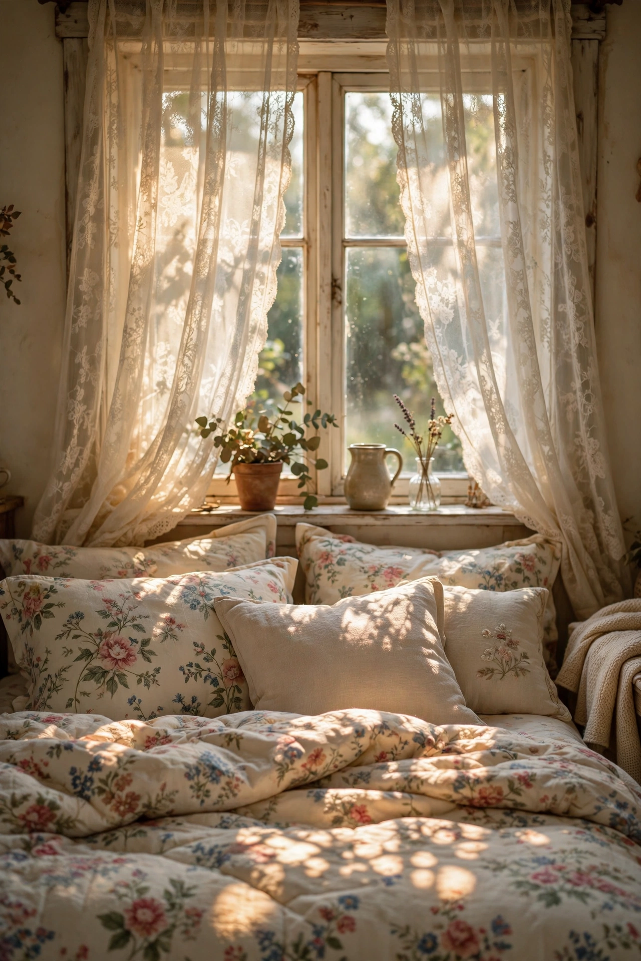Cream lace curtains glowing in morning sun in a cottage bedroom