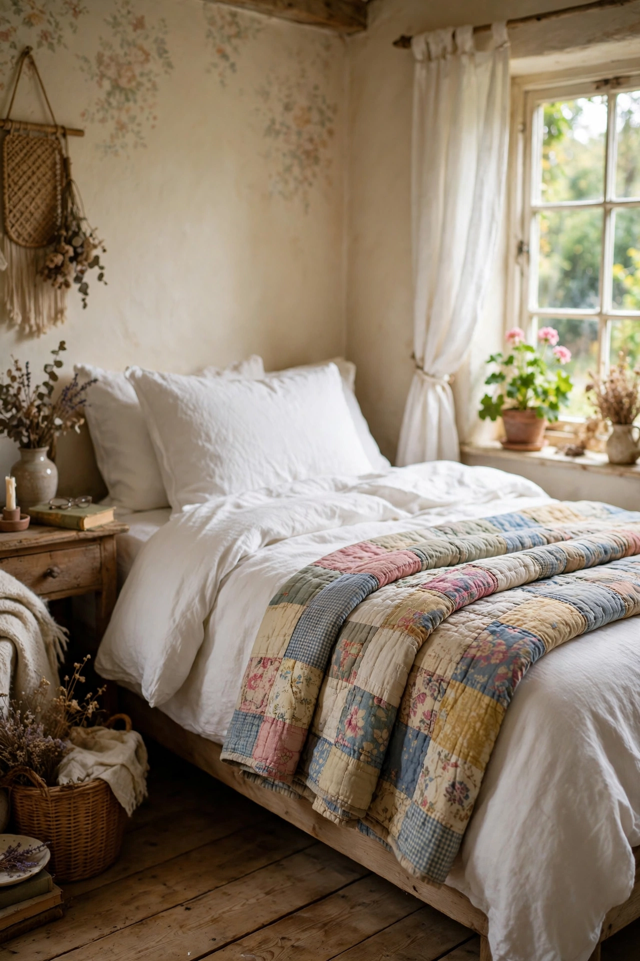Vintage patchwork quilt folded at the foot of a cottage bed