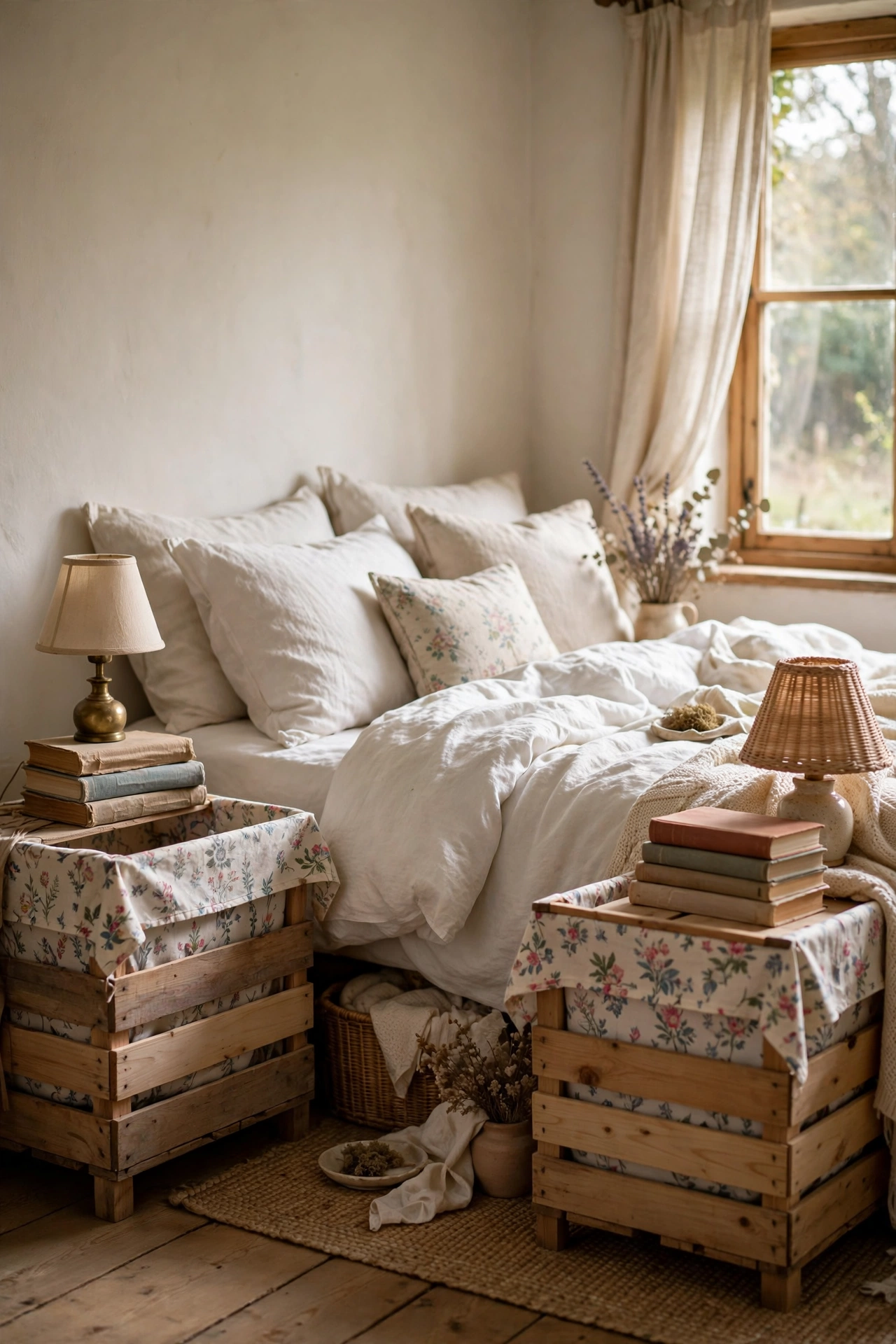 Wooden apple crates used as nightstands beside a cottage bed