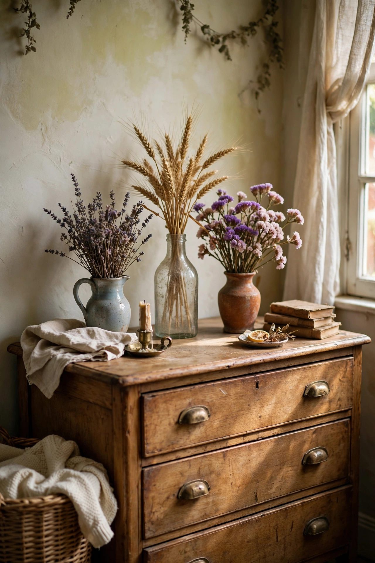 Dried lavender and wheat bouquets in mismatched vases on a dresser