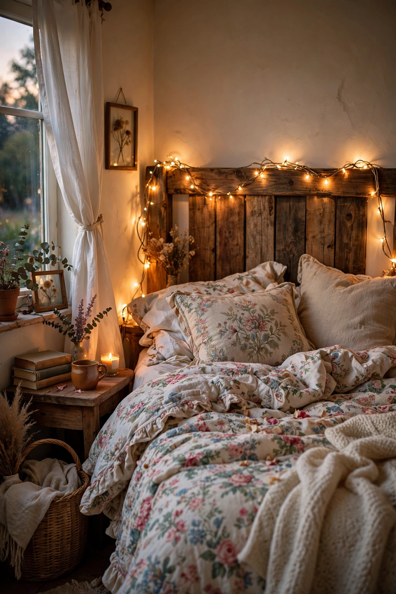 Warm fairy lights draped along a wooden headboard in a cottage bedroom