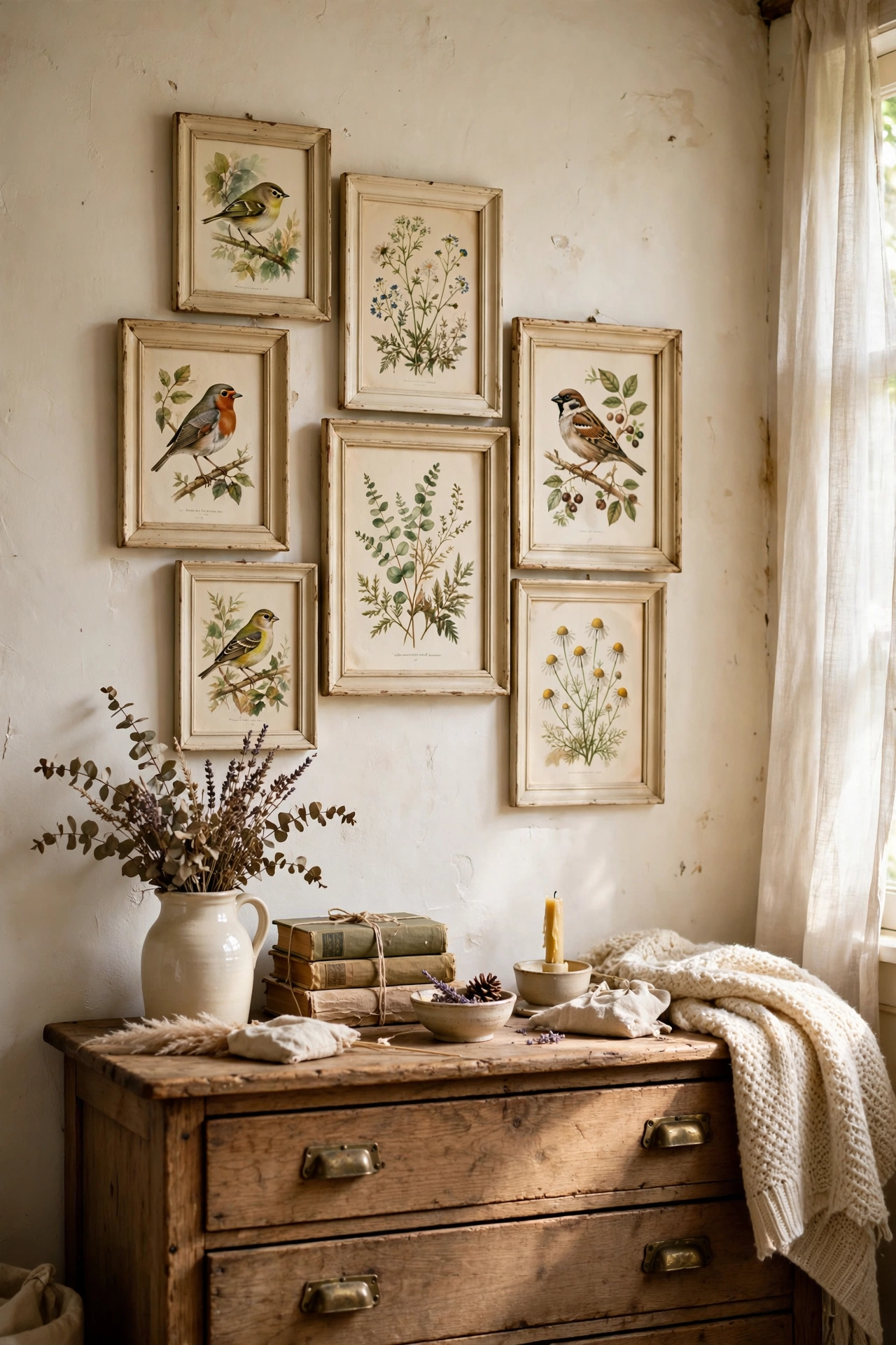 Gallery wall of vintage bird and botanical prints above a dresser