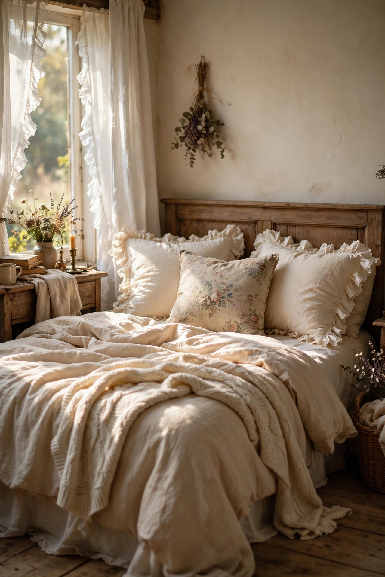 Cream ruffled throw pillows on a floral cottage bed