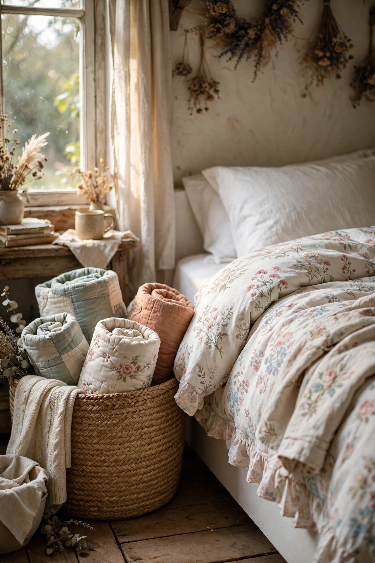 Large woven seagrass basket with rolled quilts beside a cottage bed