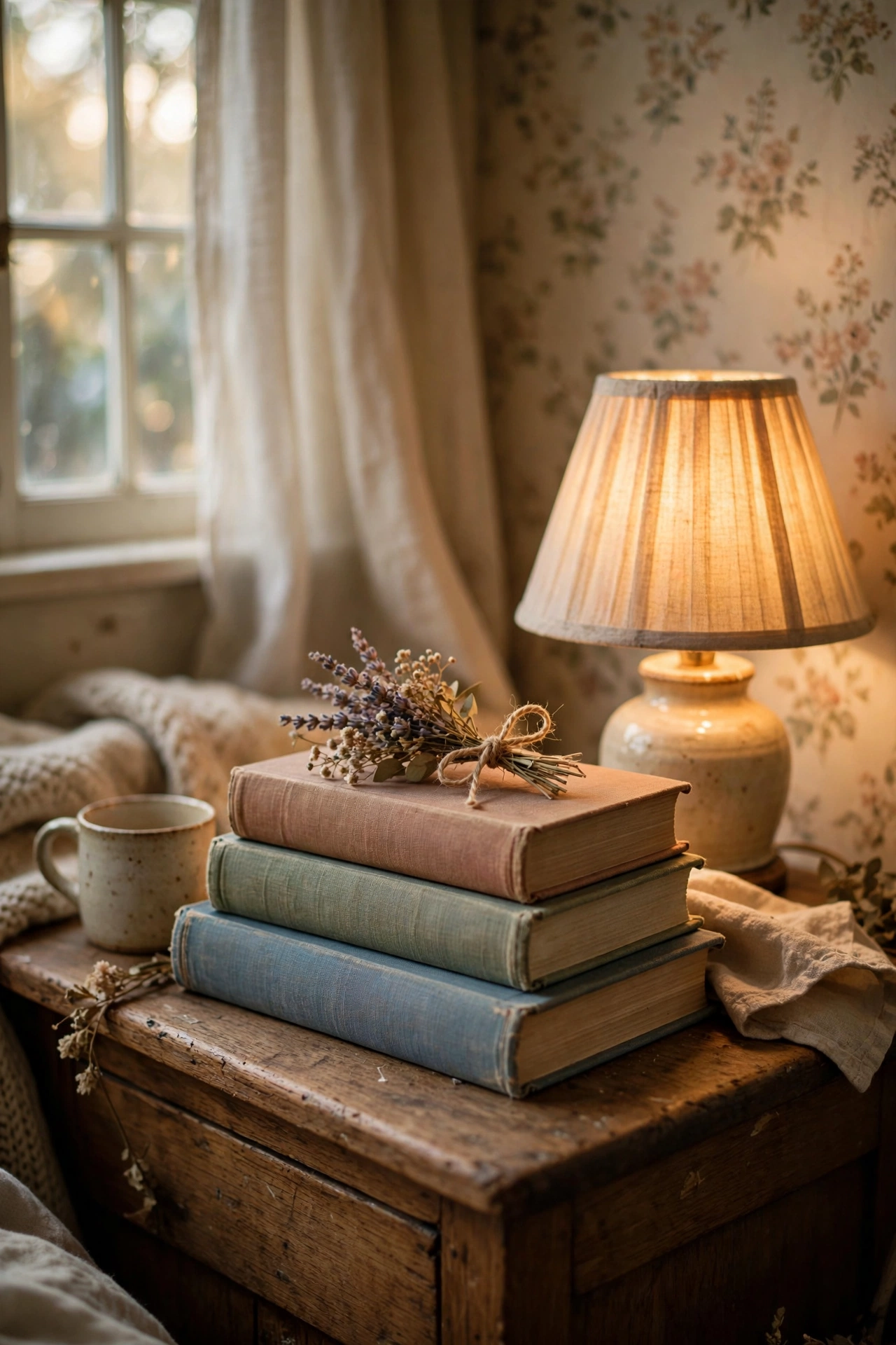 Stack of vintage cloth-bound books with a dried bouquet on a nightstand