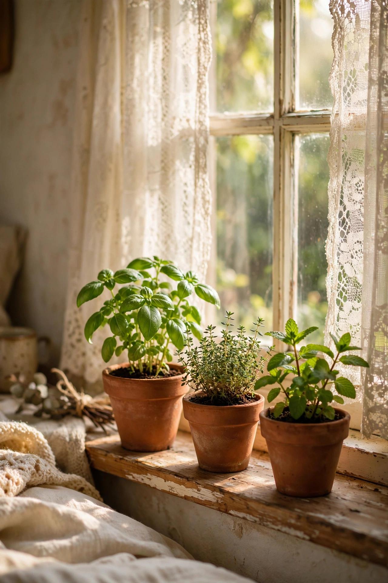 Small terracotta pots of fresh herbs on a cottage bedroom windowsill