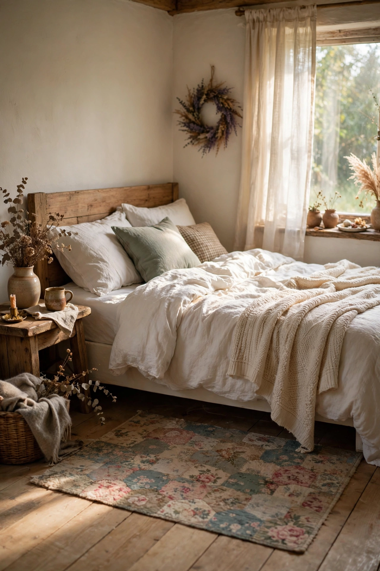 Faded floral patchwork rug beside a white cottage bed