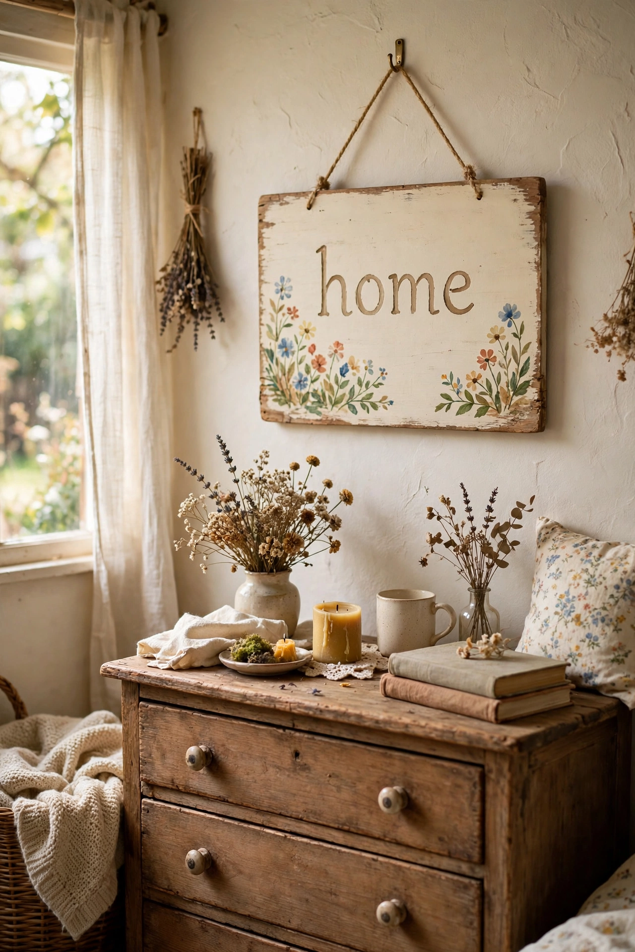 Hand-painted wooden sign with a wildflower motif above a cottage dresser
