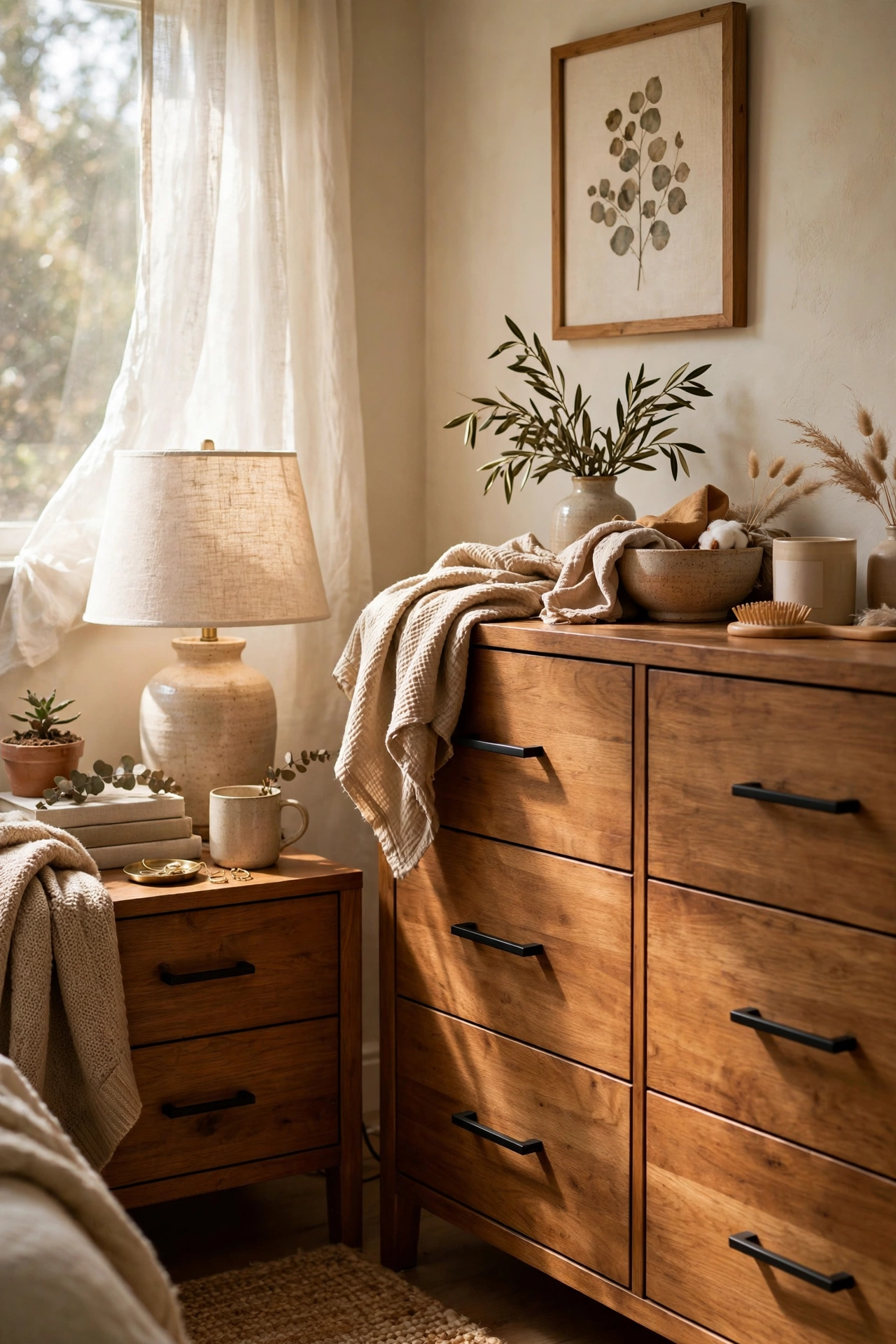 Bedroom dresser with new matte black handles on warm wood drawers