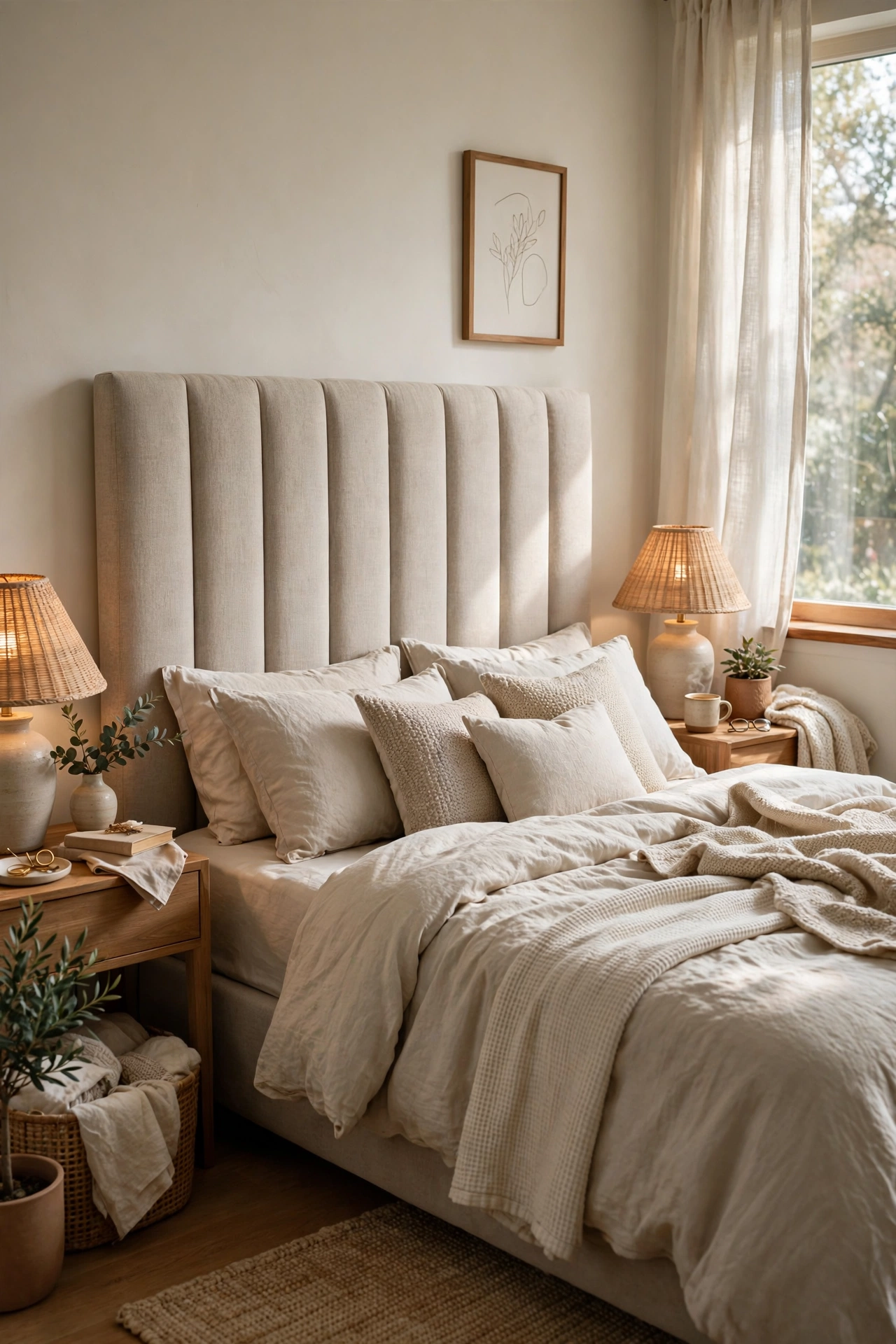 Tall oatmeal upholstered headboard behind neutral layered bedding