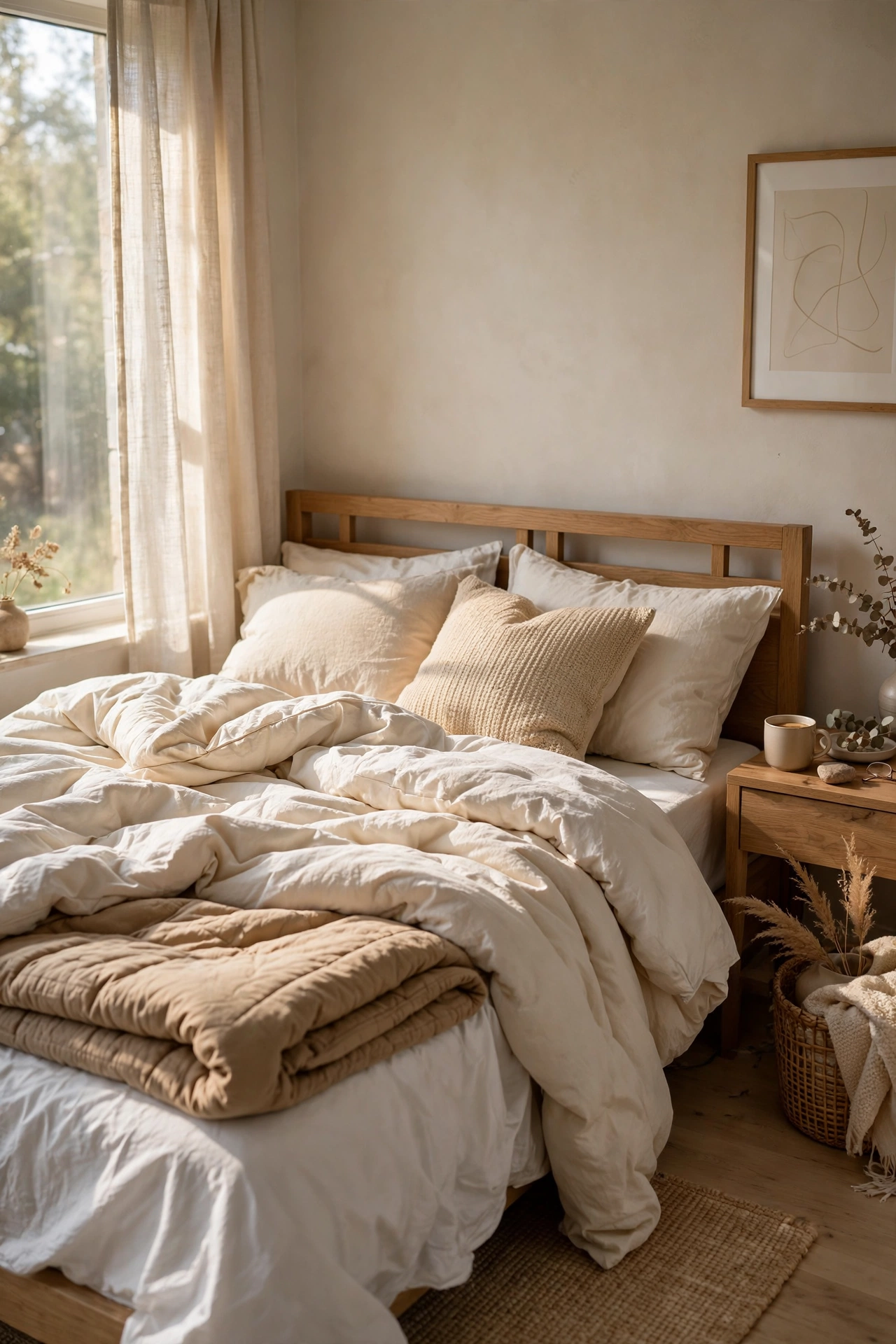 Bed layered with white, cream and tan bedding in warm neutral tones