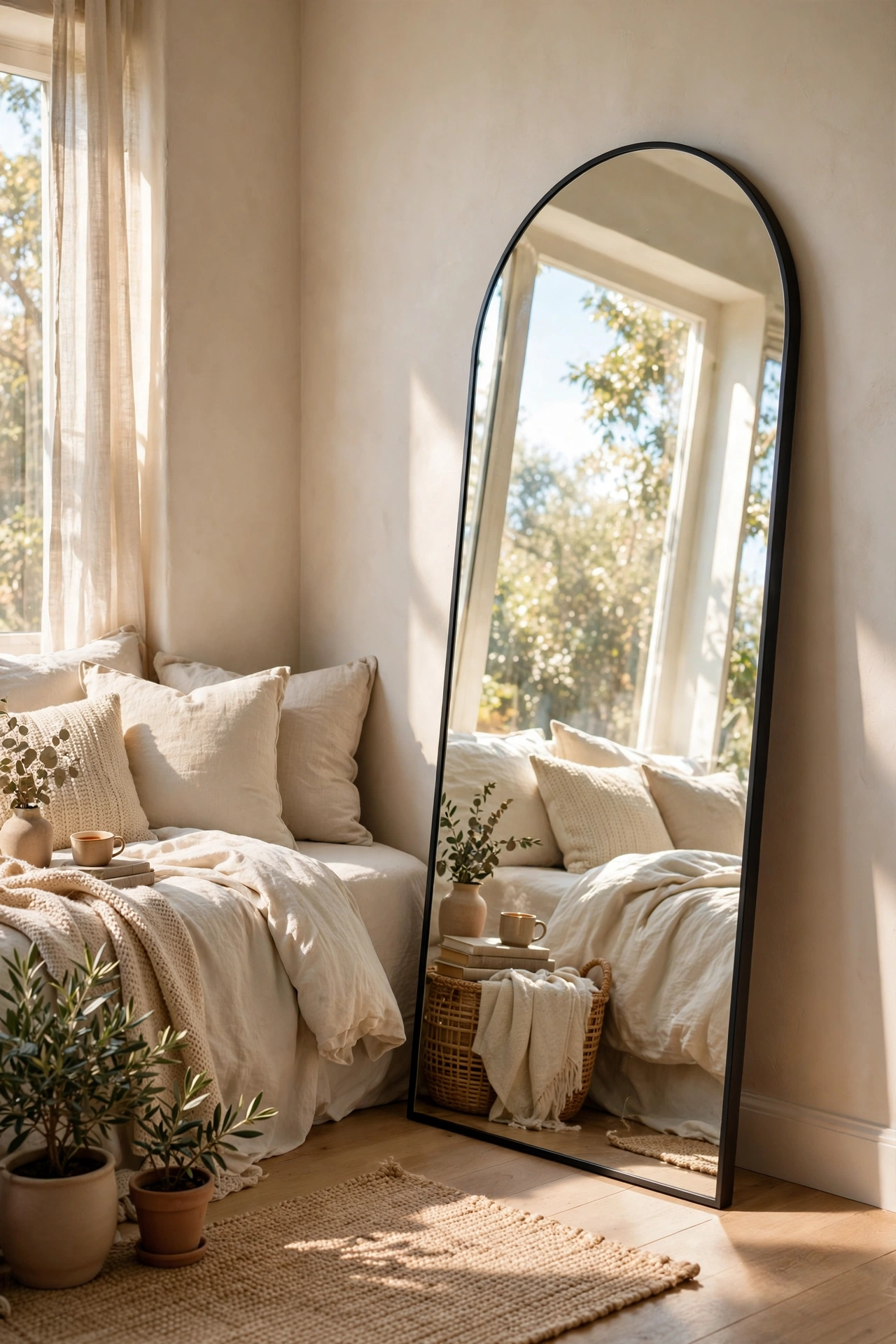 Tall arched floor mirror with thin black frame leaning against a bedroom wall
