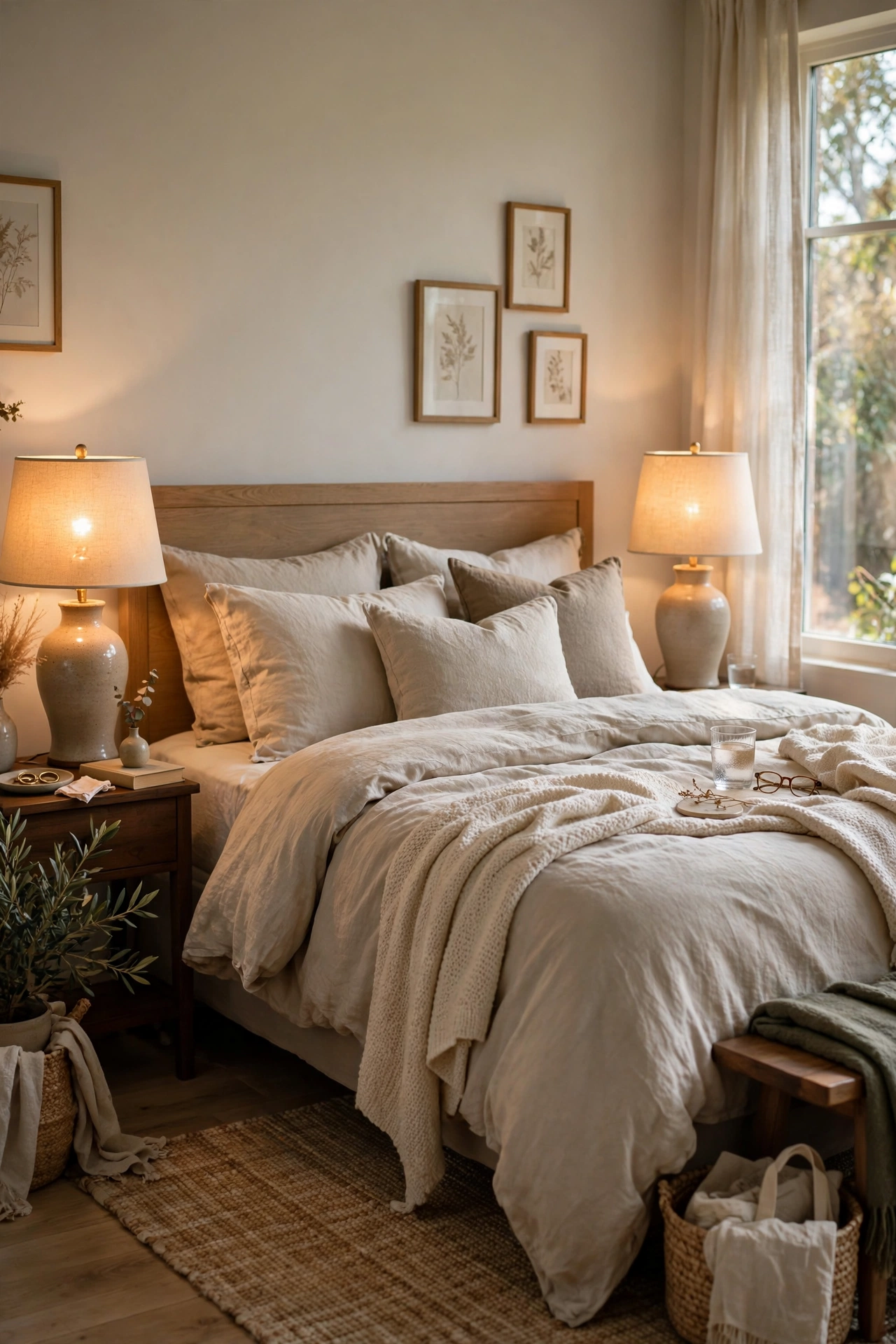 Pair of matching ceramic table lamps with linen drum shades on nightstands