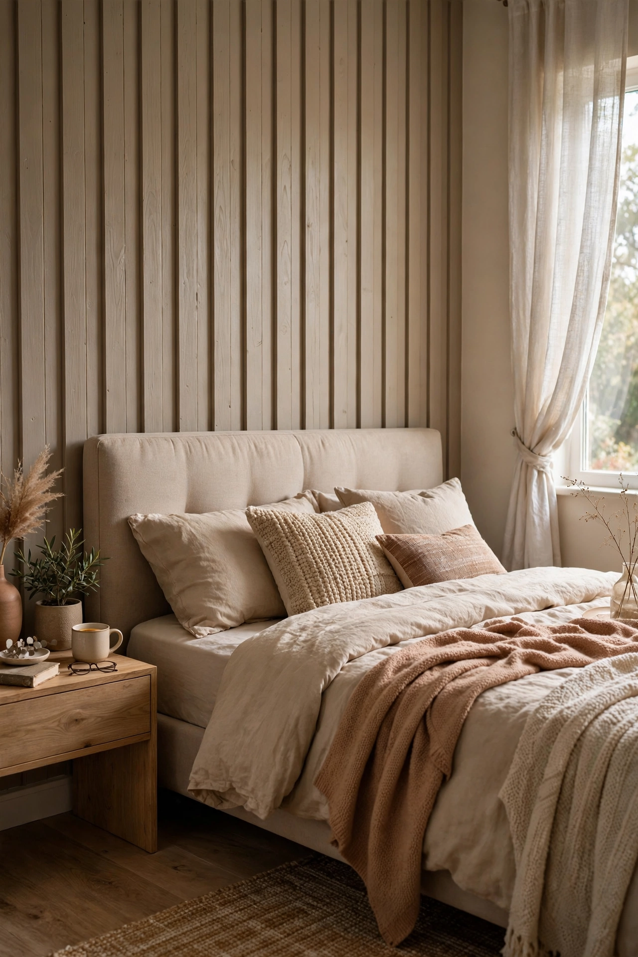 Bedroom accent wall with vertical painted wood battens behind the bed