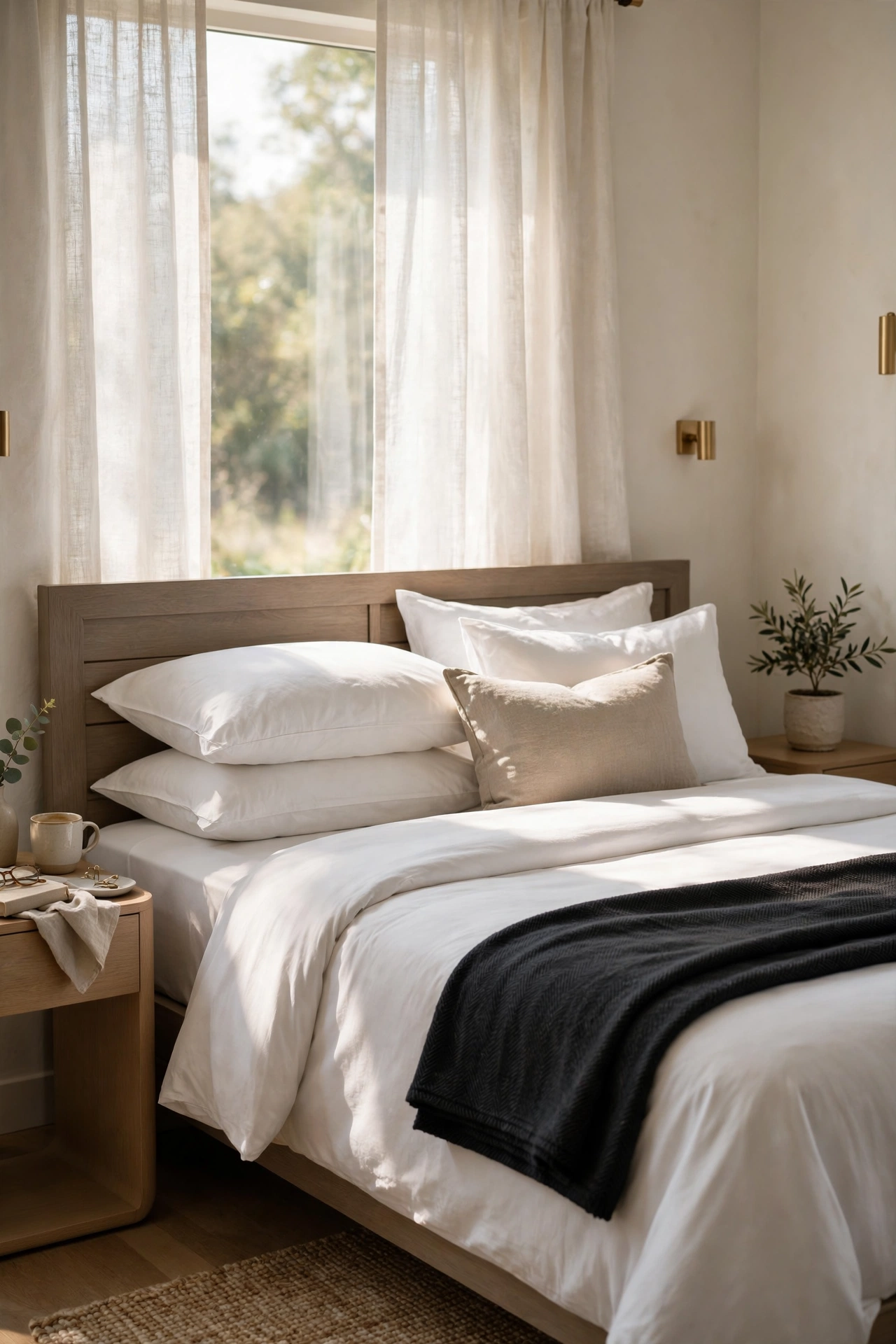 Crisp white percale sheets with a folded dark throw at the foot of the bed