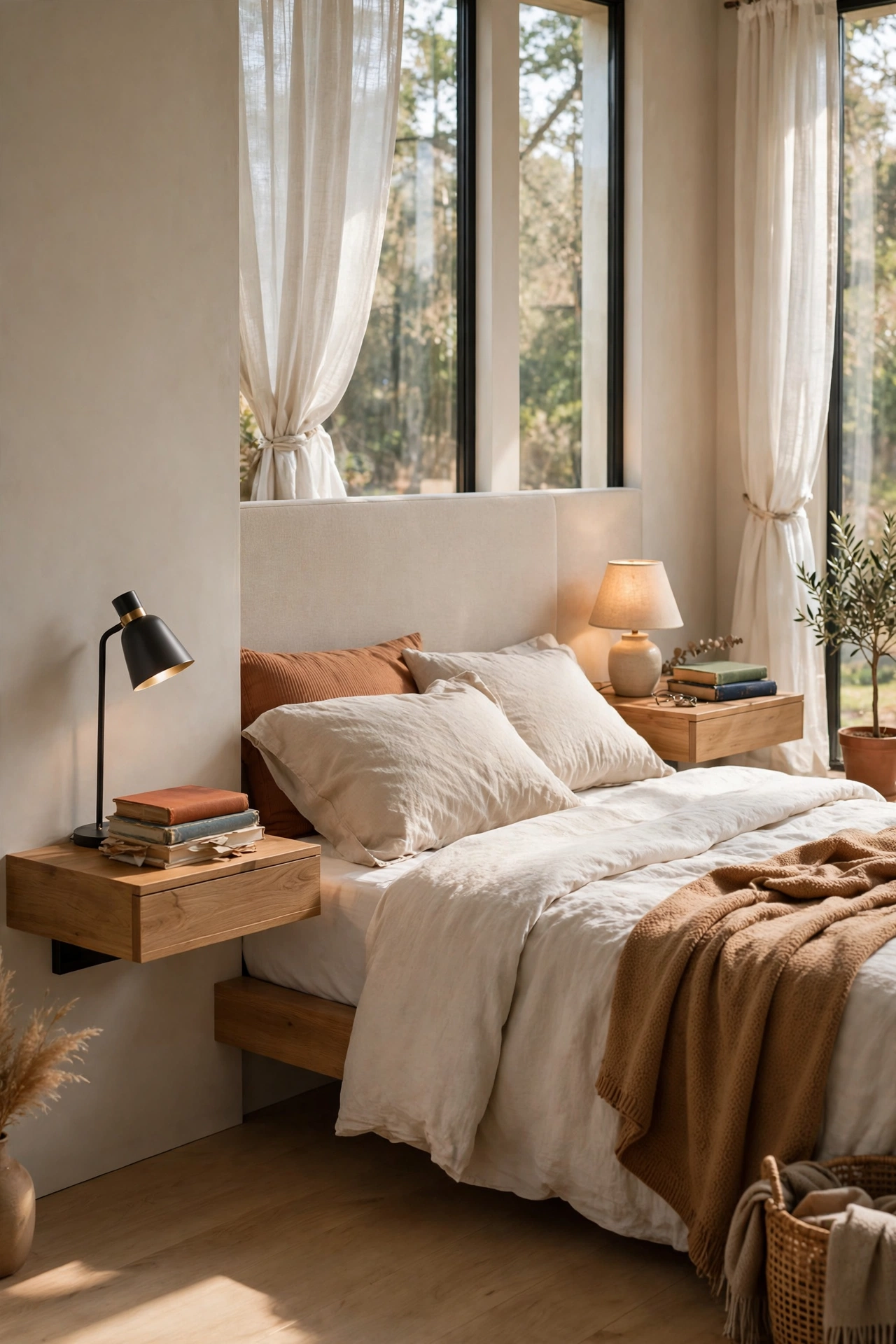 Sleek floating wall-mounted nightstands on either side of a modern bed