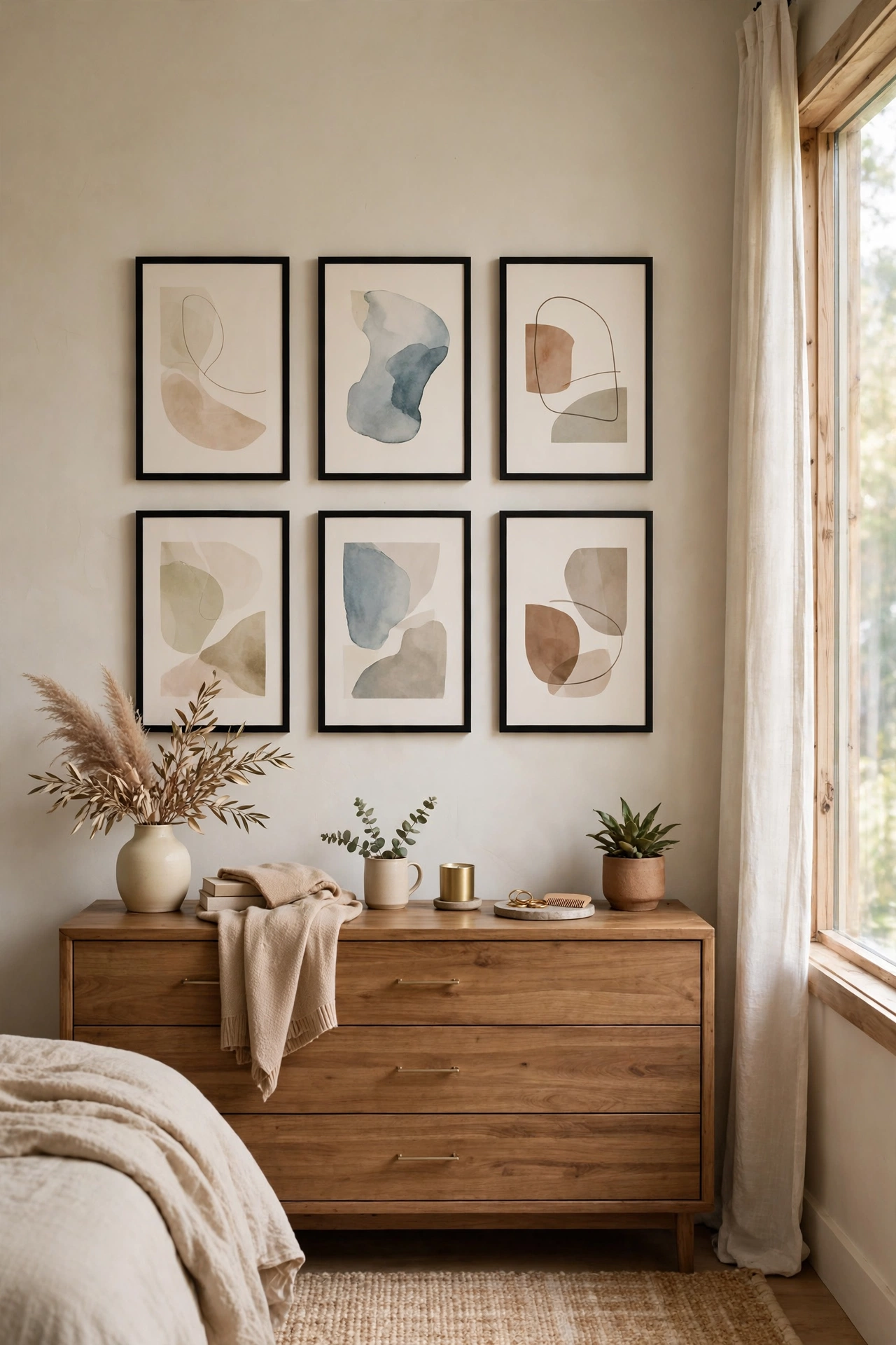 Tight gallery wall of slim black-framed abstract prints above a dresser