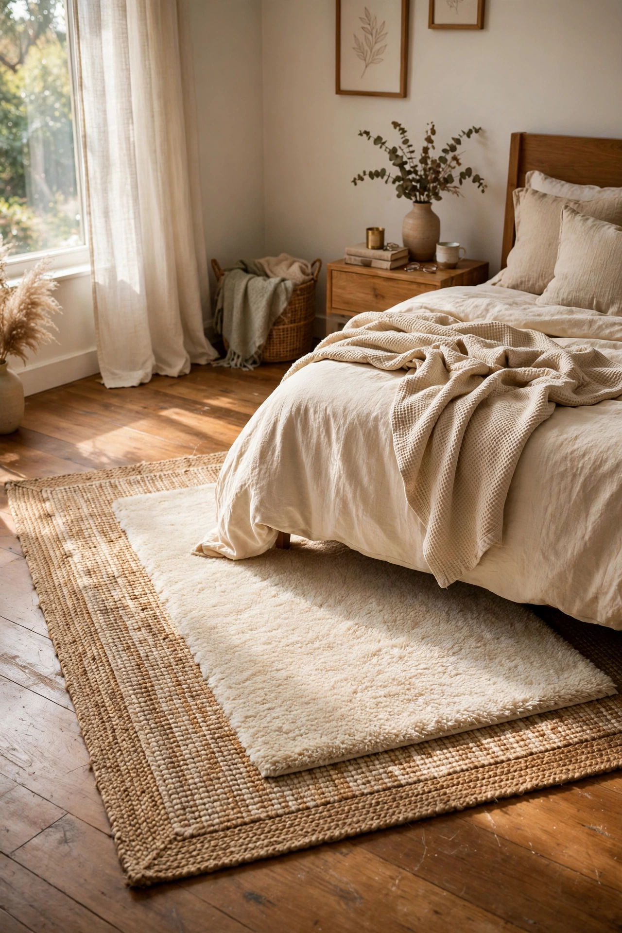 Cream shag rug layered over a larger jute rug beside a modern bed