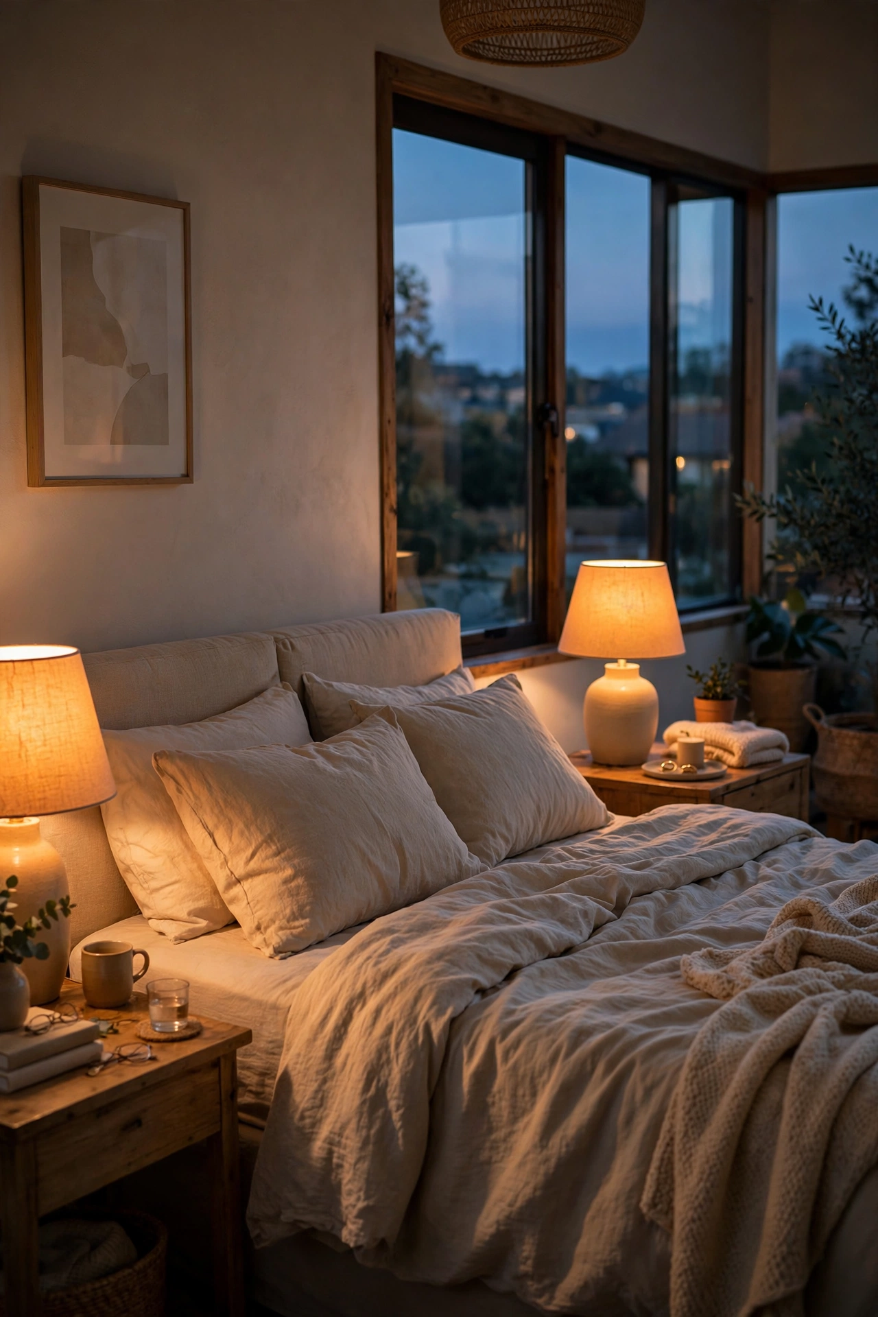 Bedside lamps glowing warm amber from dimmable smart bulbs at dusk