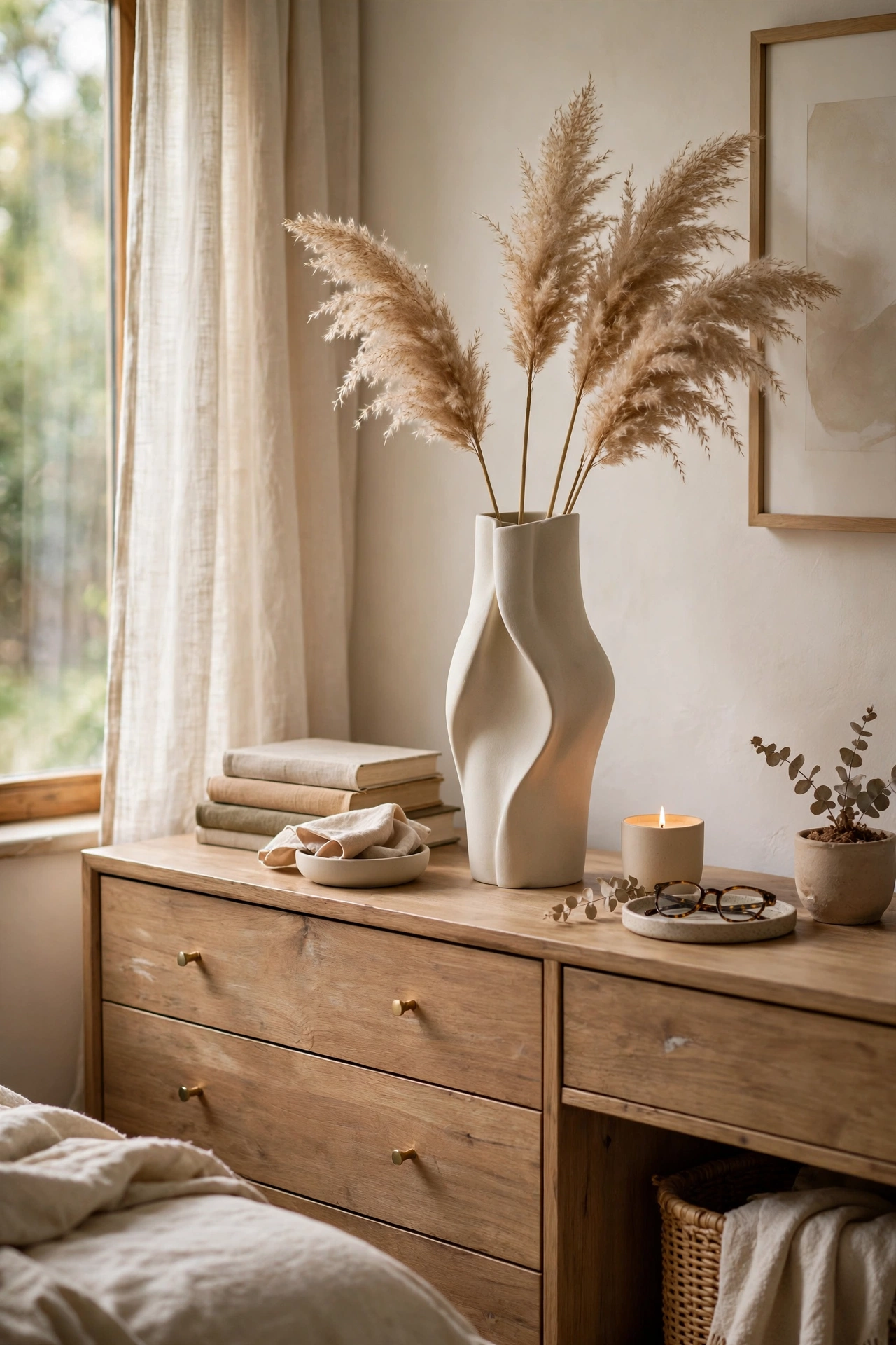 Tall matte ceramic vase with dried pampas grass on a bedroom dresser