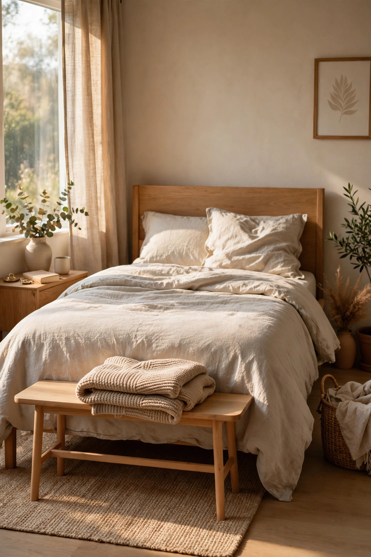 Slim beech bench with a folded throw at the foot of a modern bed
