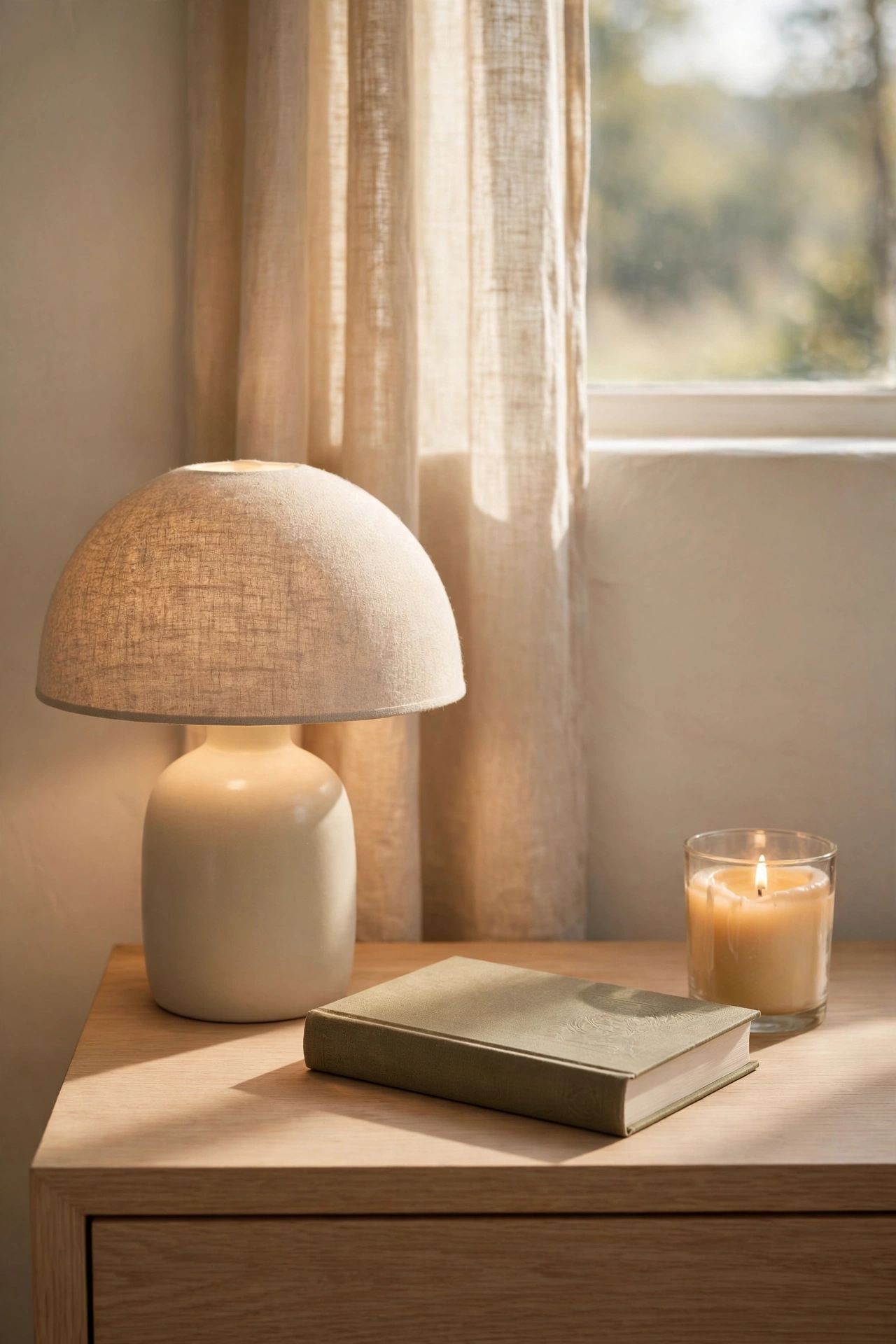 Clutter-free nightstand with hidden cords, lamp, book and candle