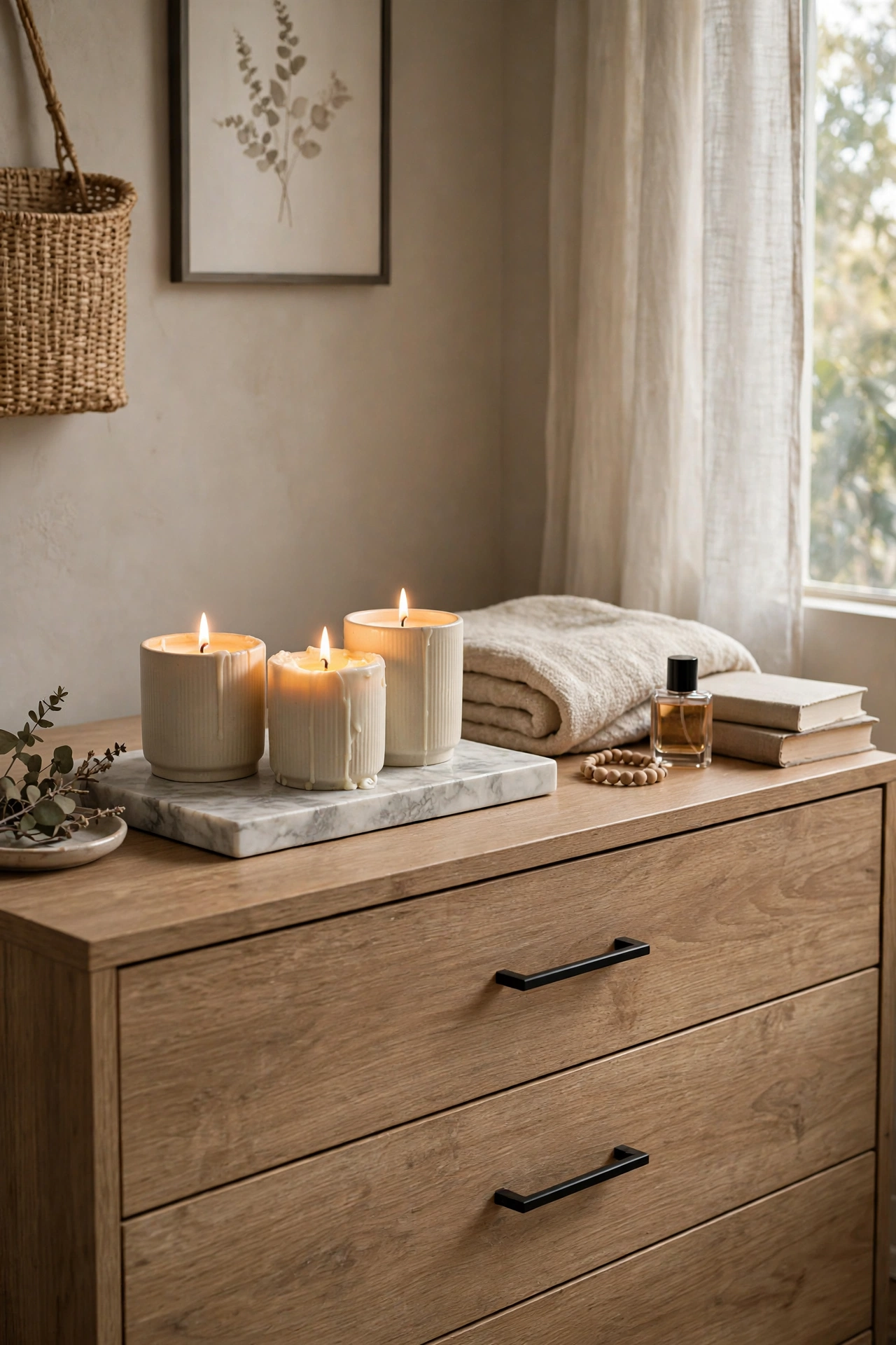 Trio of scented candles in matching vessels on a marble-effect tray