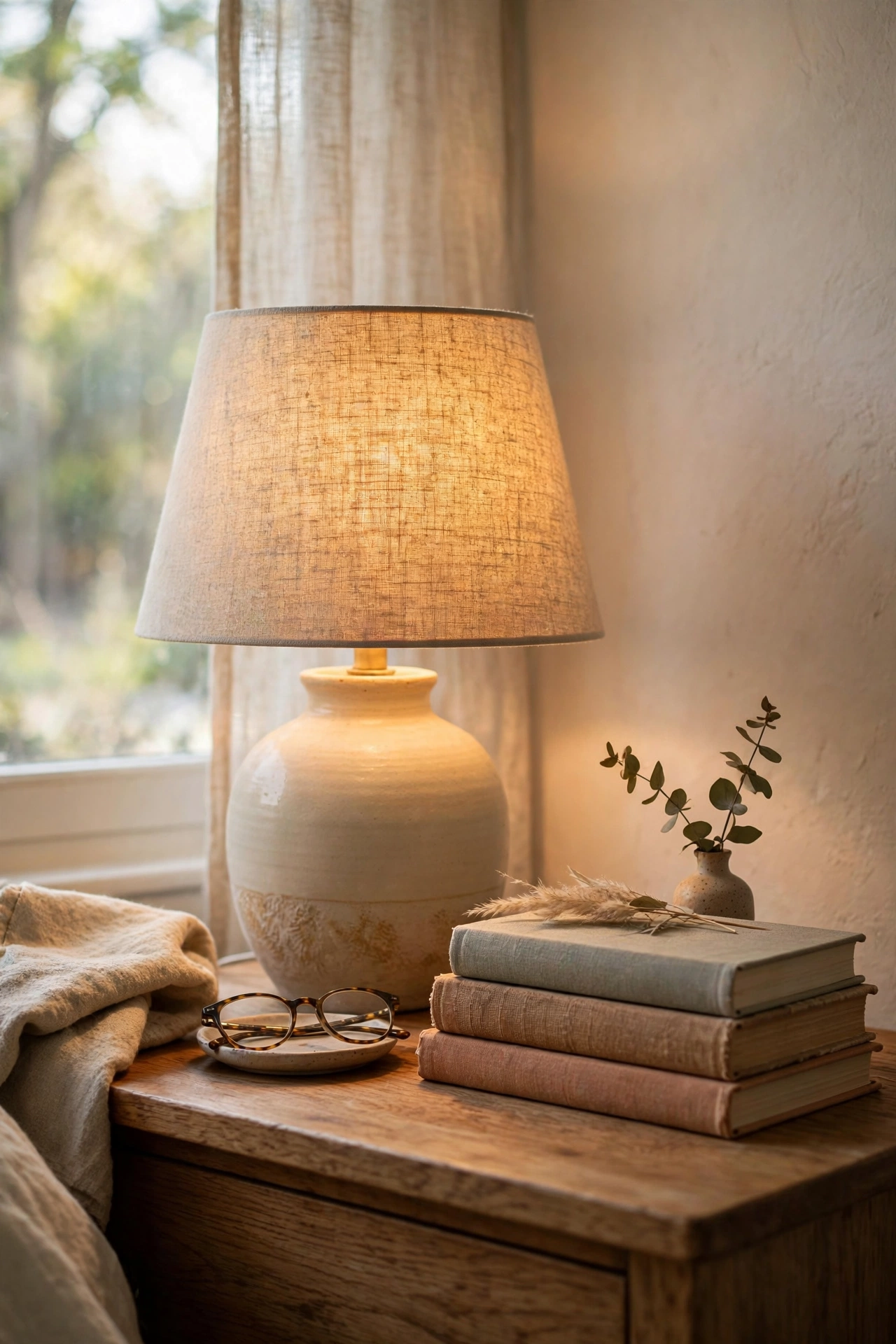Ceramic table lamp with natural linen shade on a styled nightstand