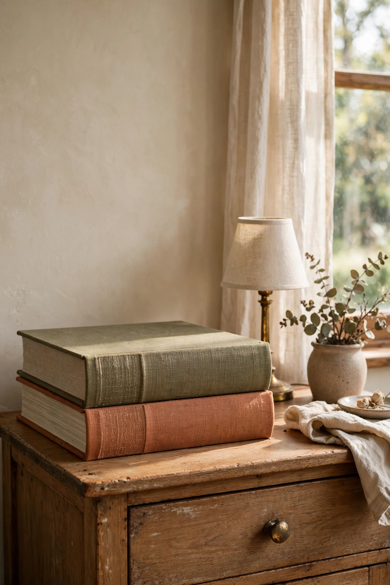 Two stacked oversized art books on a nightstand beside a lamp