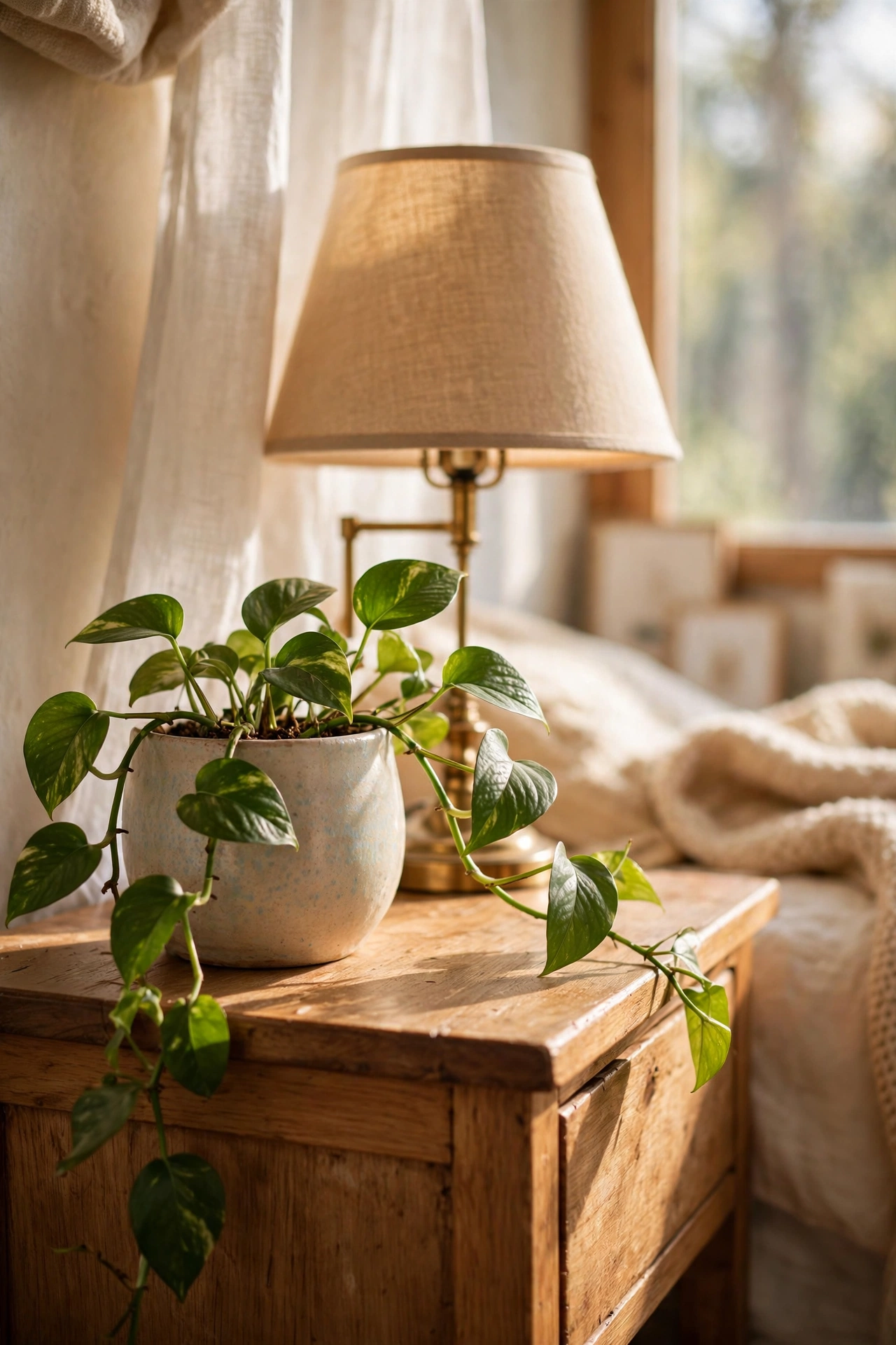 Trailing pothos plant in a ceramic pot on a bedroom nightstand