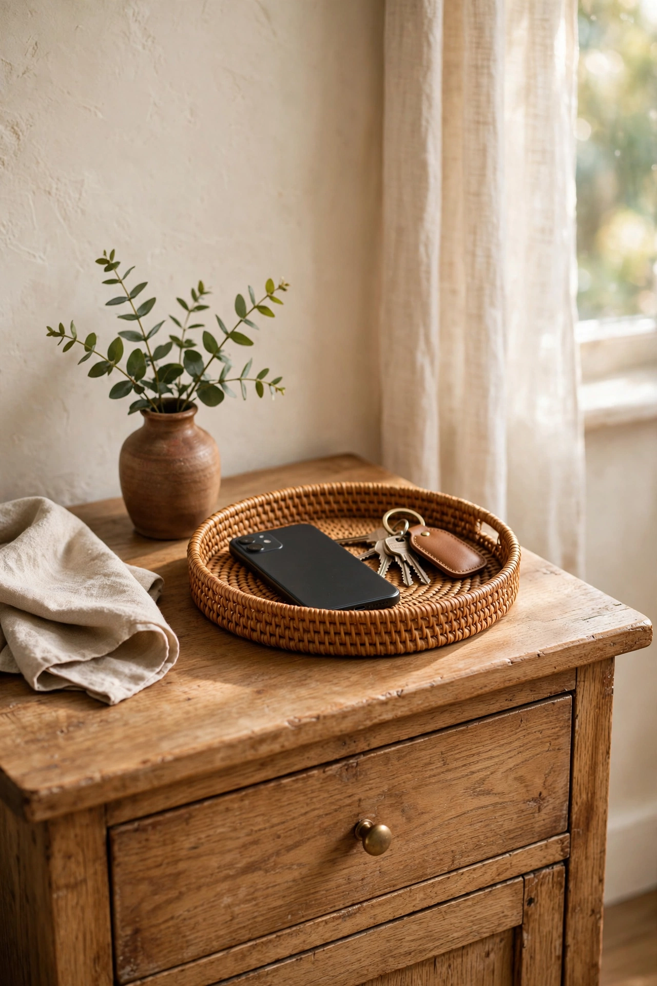 Woven rattan tray holding phone and keys on a nightstand