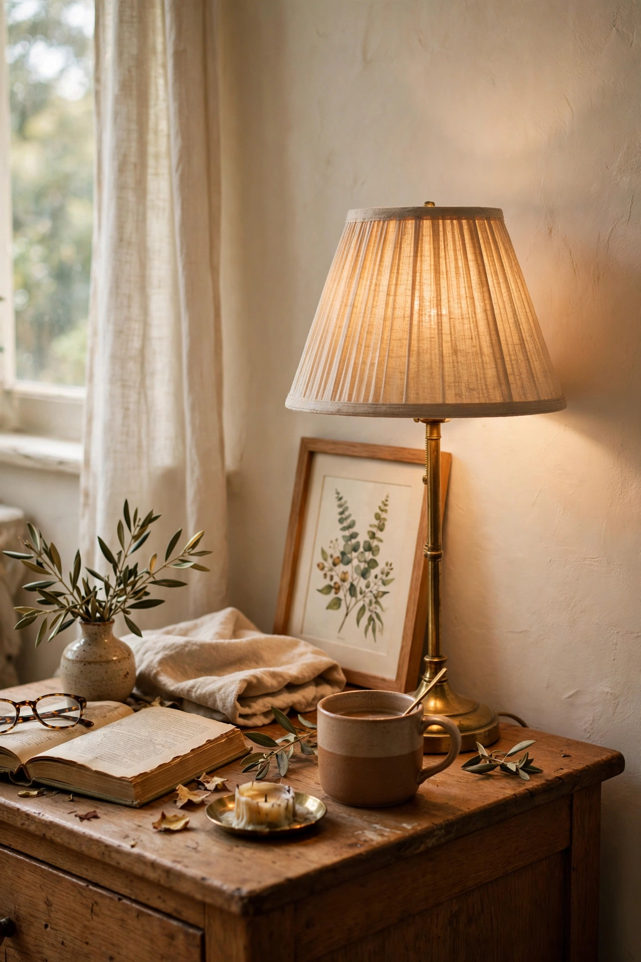 Small framed botanical print leaning against the wall on a nightstand