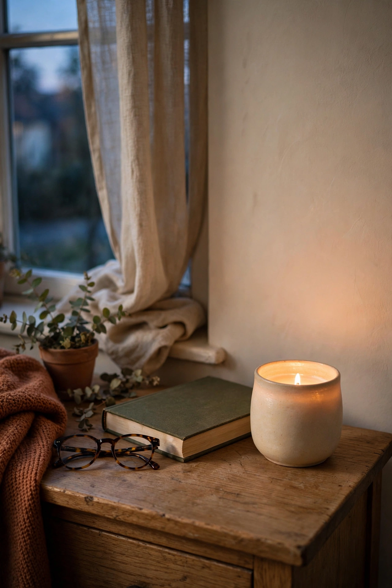 Scented candle in a ceramic vessel glowing on a nightstand
