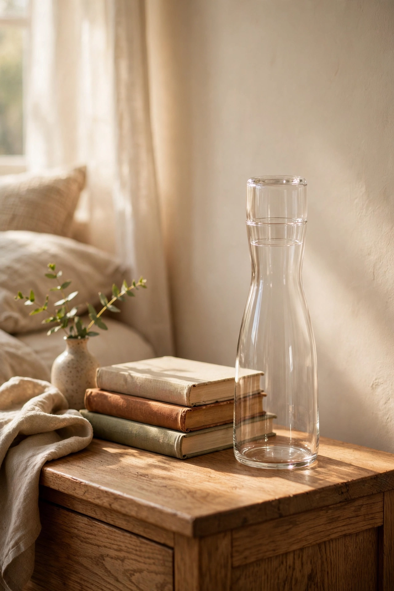 Glass bedside carafe with matching tumbler lid on a nightstand