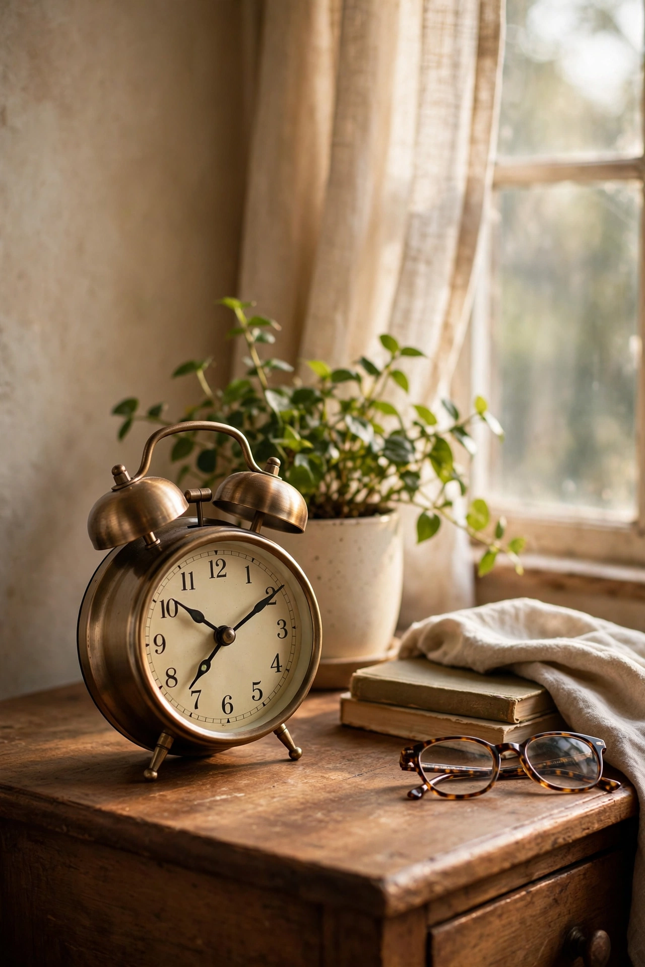 Vintage twin-bell alarm clock on a bedroom nightstand