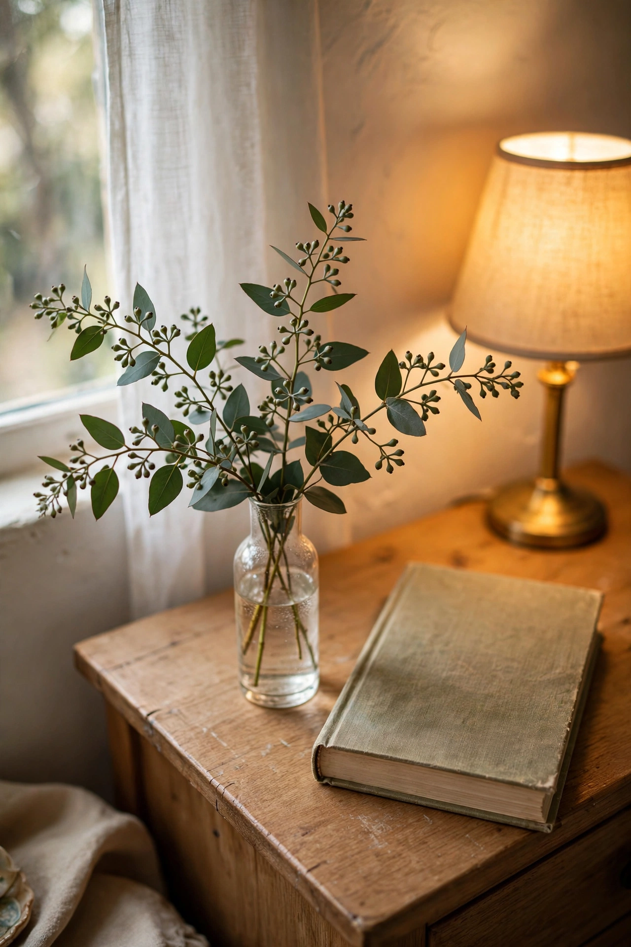 Fresh eucalyptus sprigs in a slim bud vase on a nightstand