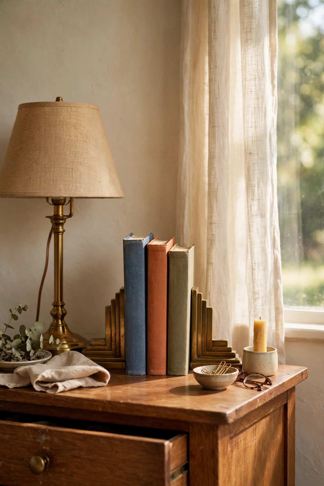 Brass bookends holding bedtime books upright on a nightstand