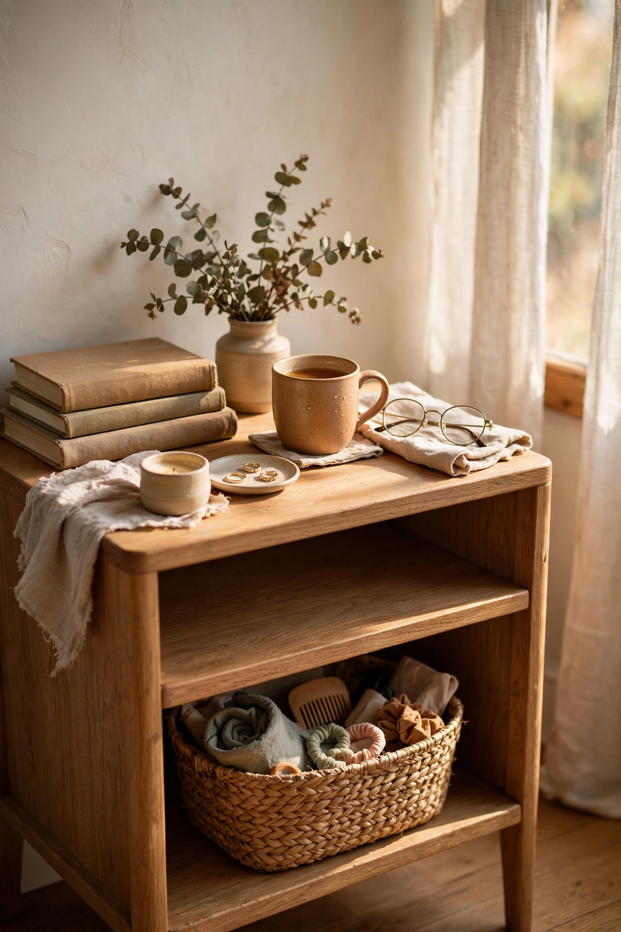 Seagrass basket tucked under an open nightstand for hidden storage