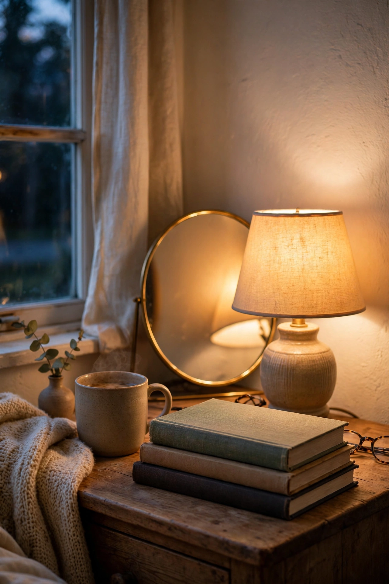 Small round mirror propped behind a glowing nightstand lamp