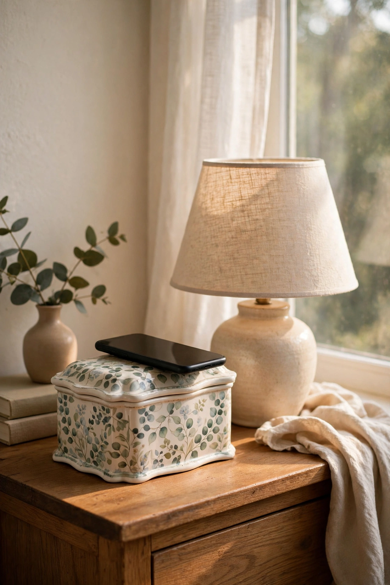 Pretty lidded decorative box hiding chargers on a nightstand