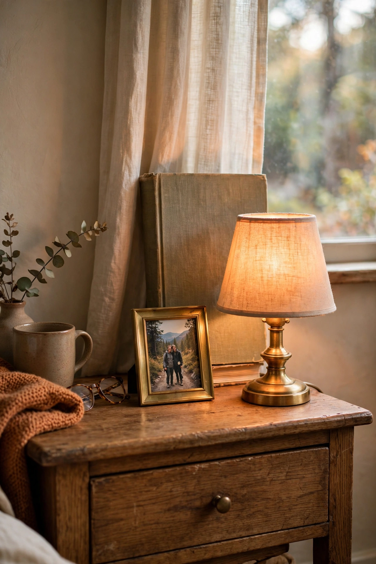 Small brass-framed photo beside a lamp on a nightstand