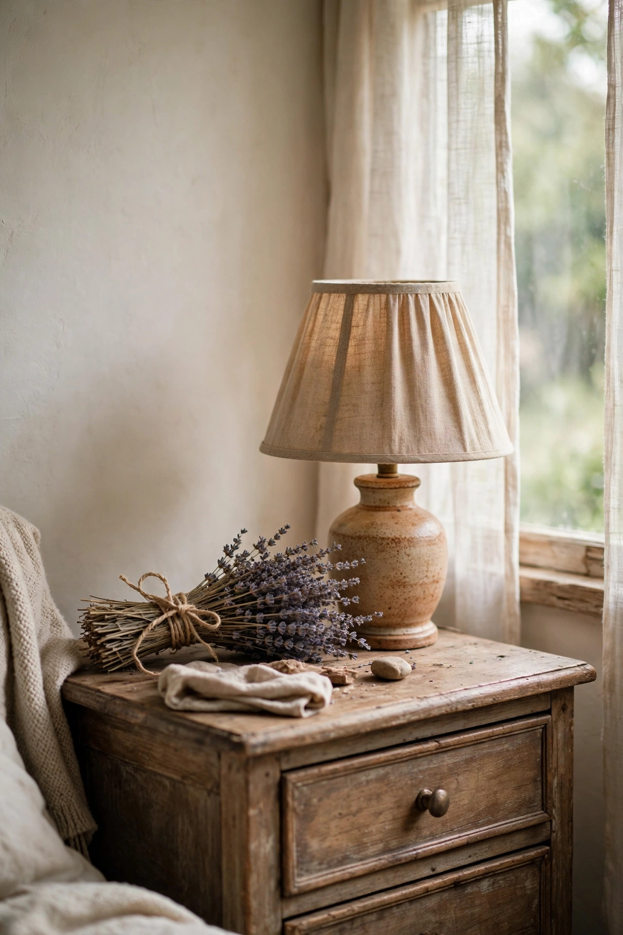 Dried lavender bundle tied with twine on a nightstand