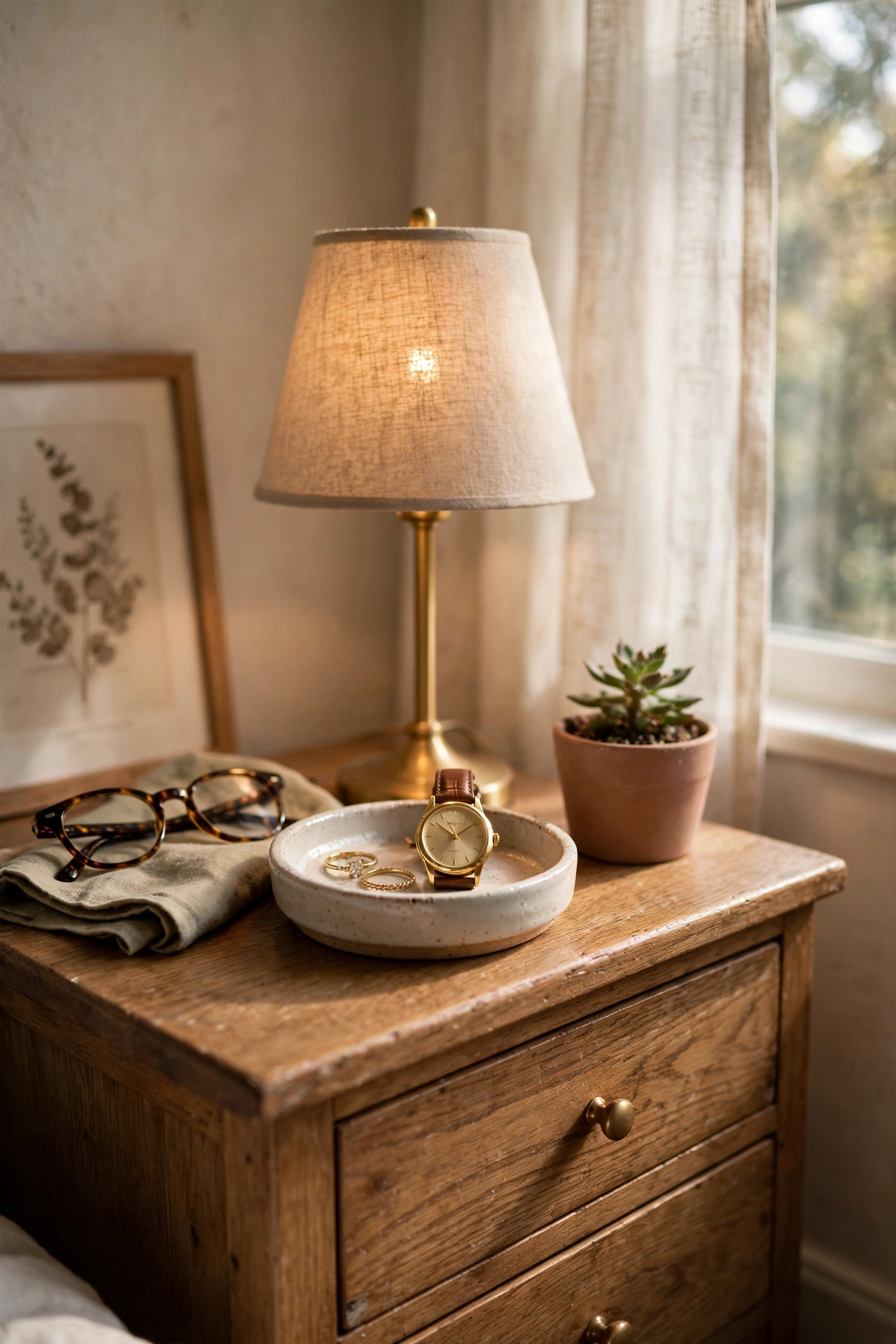Small ceramic dish holding watch and rings on a nightstand