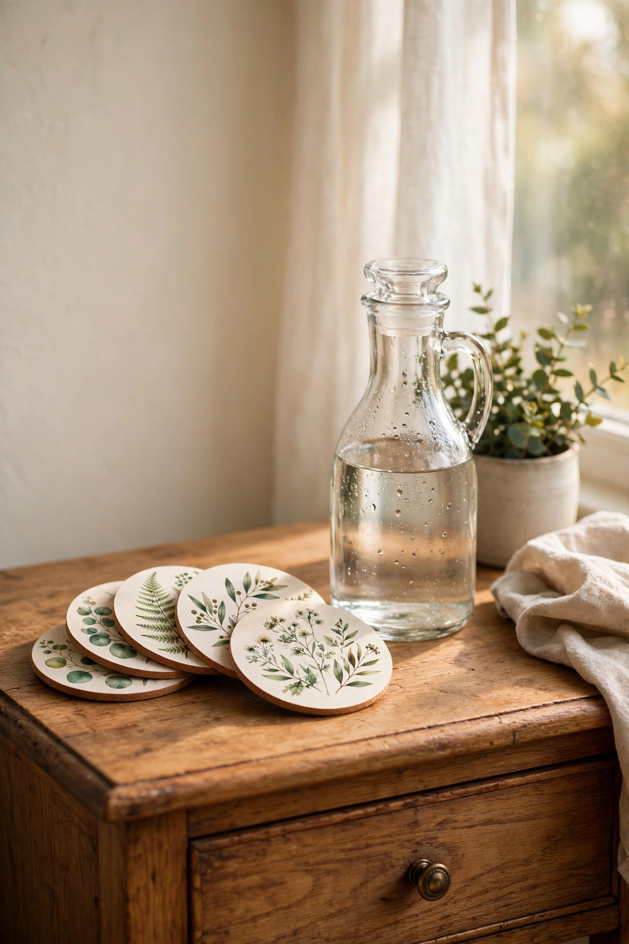 Short stack of botanical print coasters fanned on a nightstand