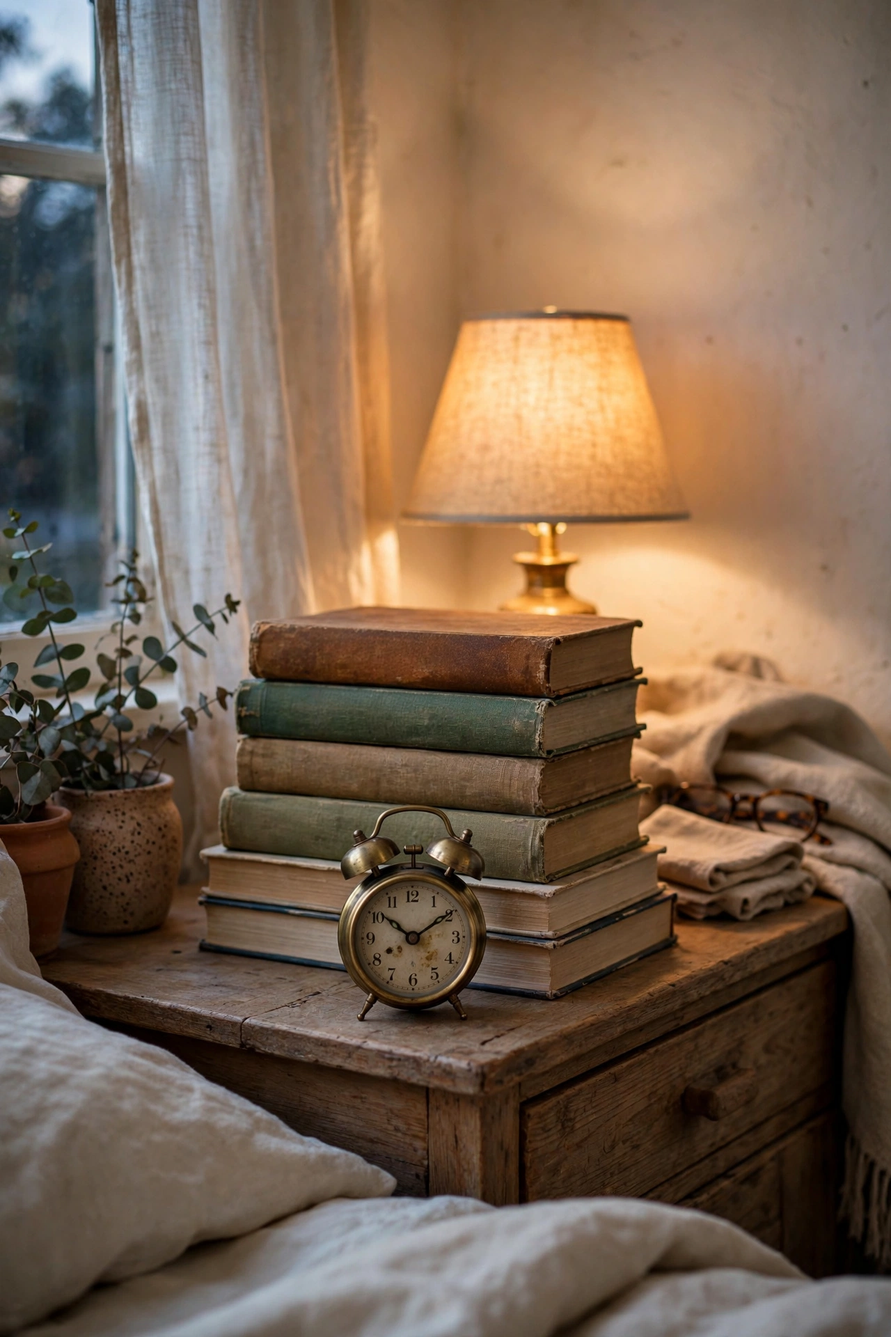 Tiny brass-look alarm clock in front of books on a nightstand